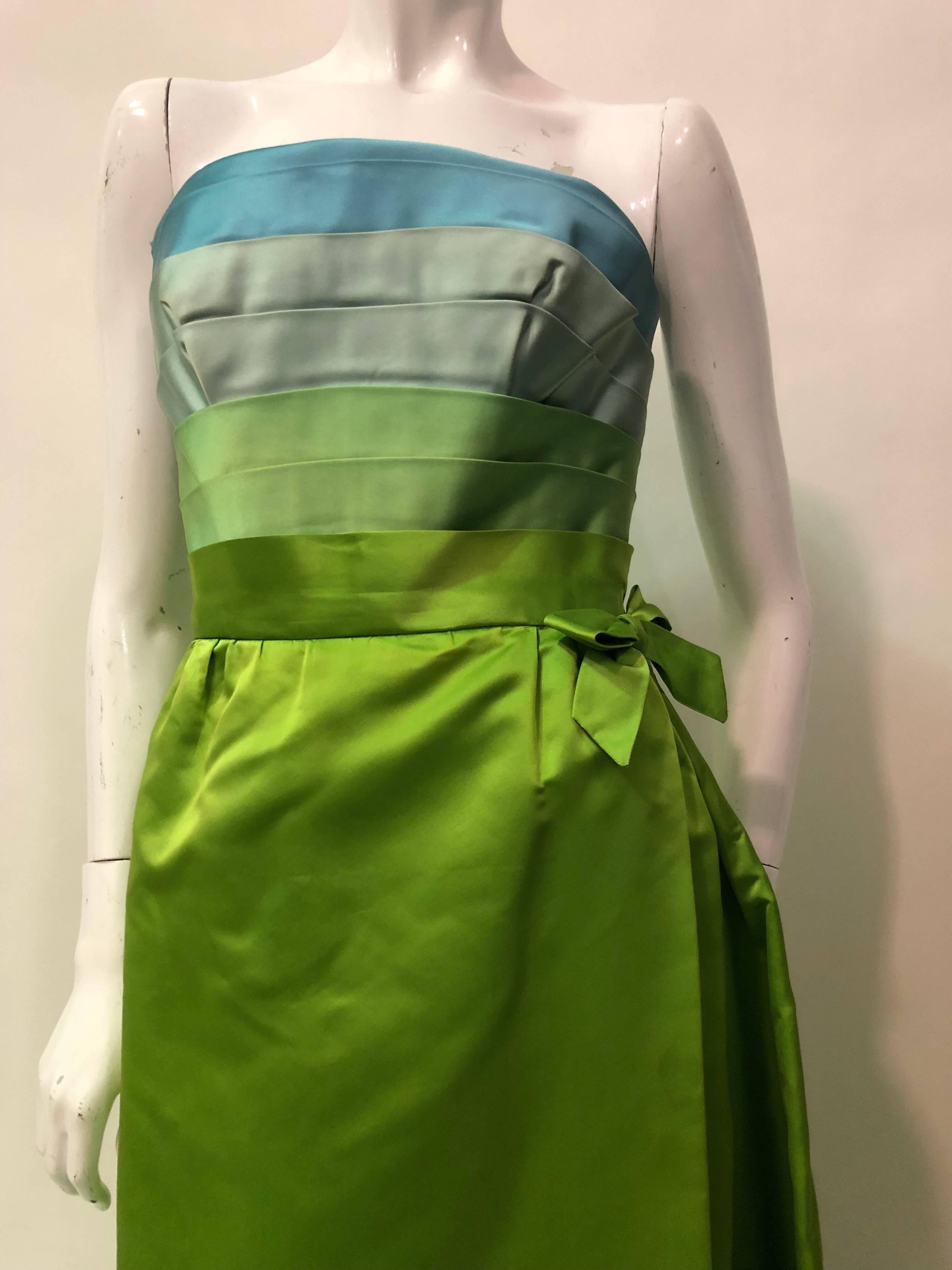 Philip Hulitar Satin Gown with Aqua Turquoise Chartreuse Pleated Bodice, 1950s  4
