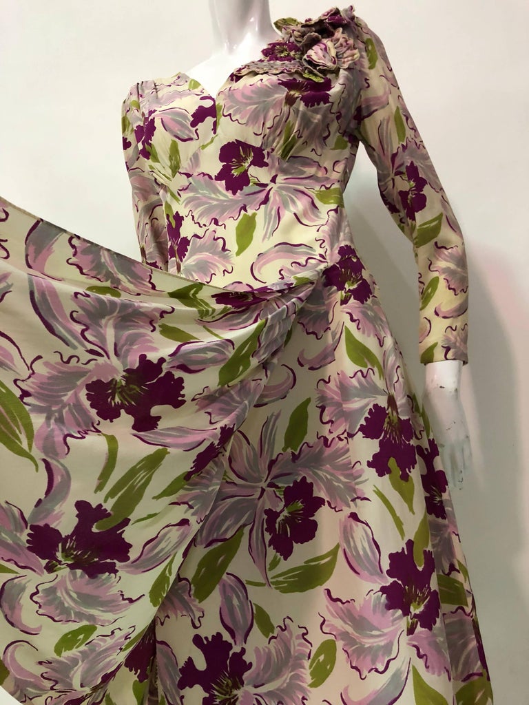 Brown 1940s Orchid Print Rayon Crepe Dress W/ Dramatic Orchid Corsage For Sale