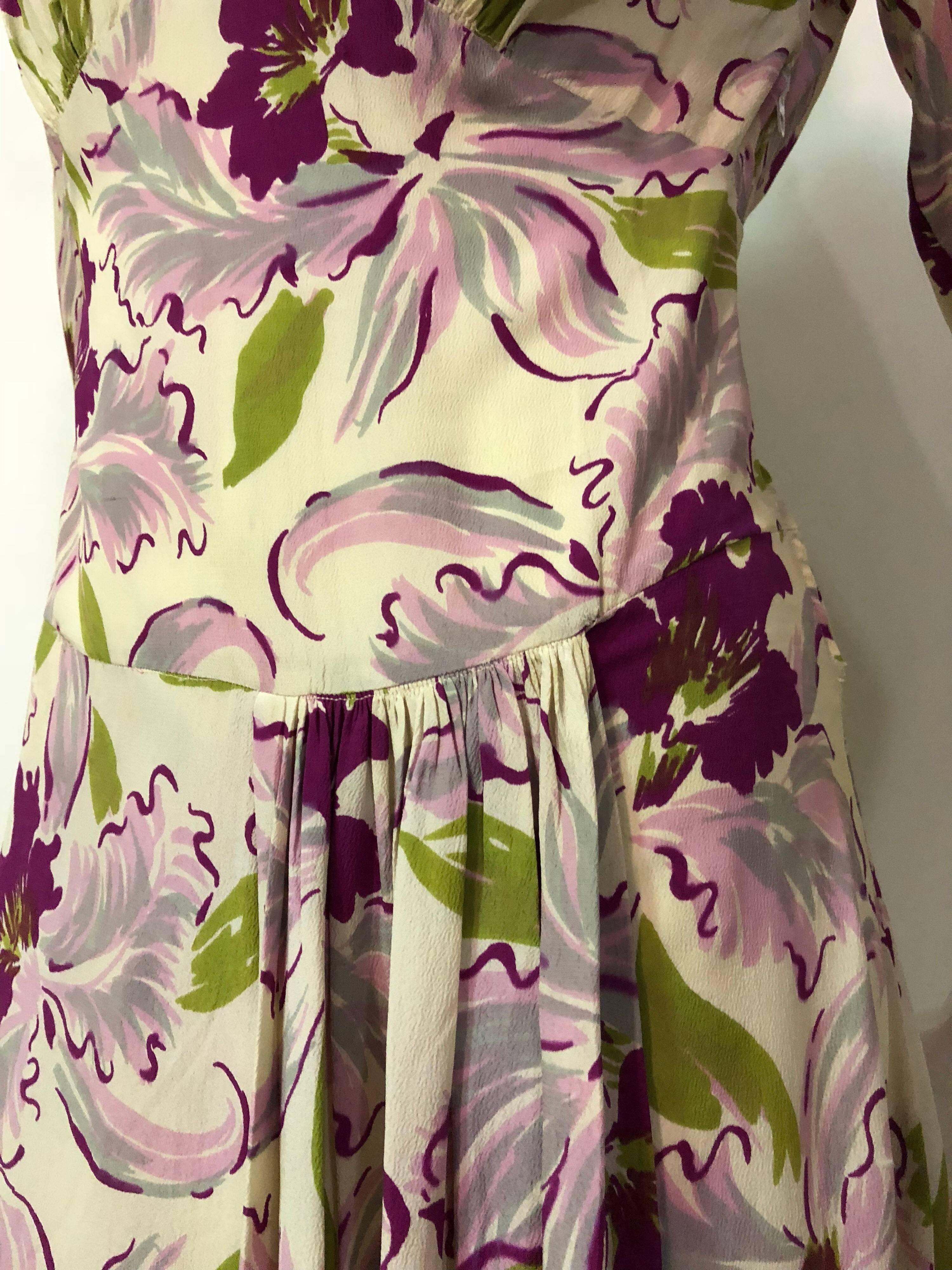 Brown 1940s Orchid Print Rayon Crepe Dress W/ Dramatic Orchid Corsage For Sale
