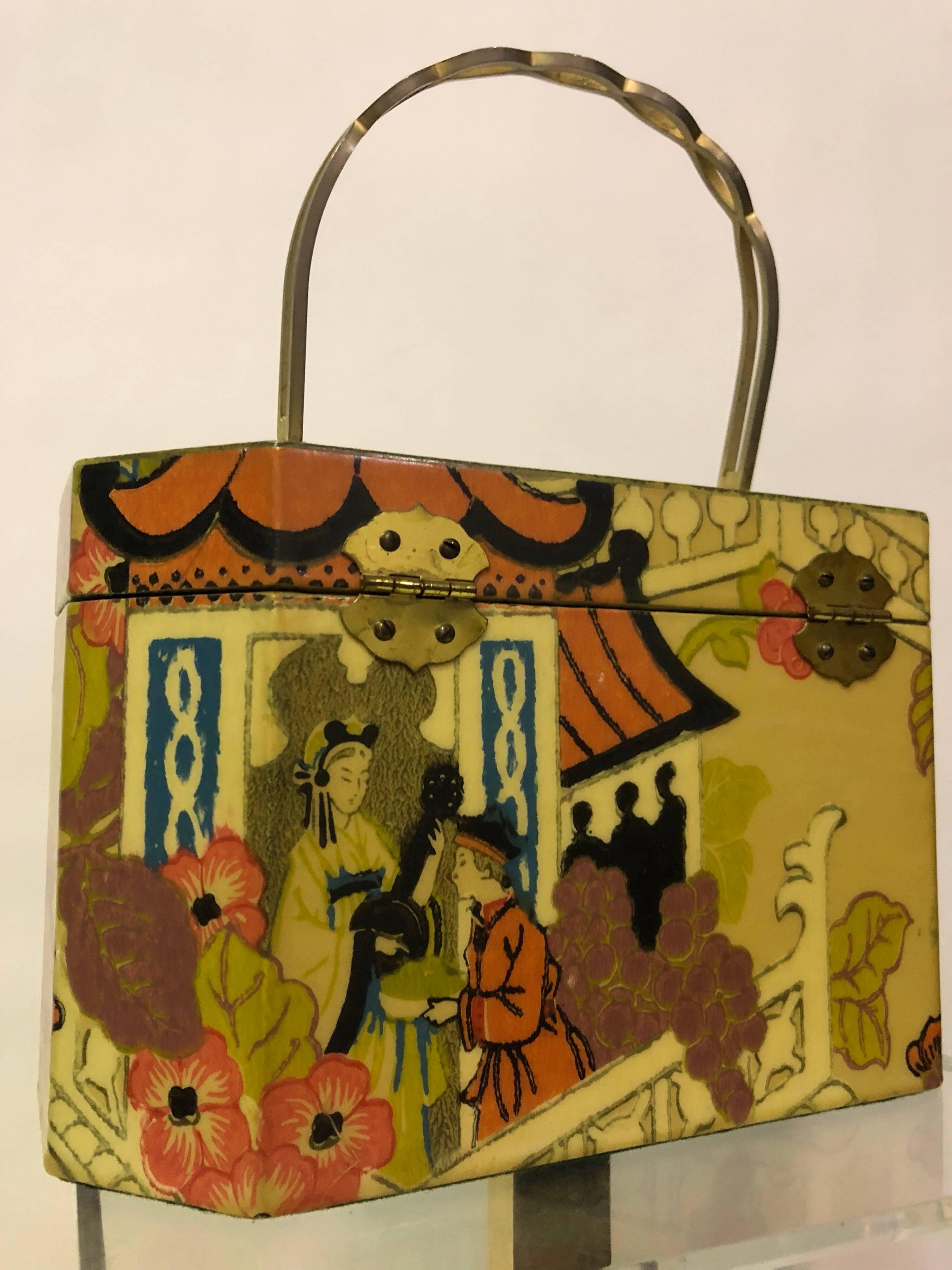 Brown Annie Laurie Originals Palm Beach Chinese Motif Box Bag, 1960s 
