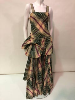 1940s Jourdelle Of Hollywood Originals Plaid Taffeta Bustle-Back Peplum Gown