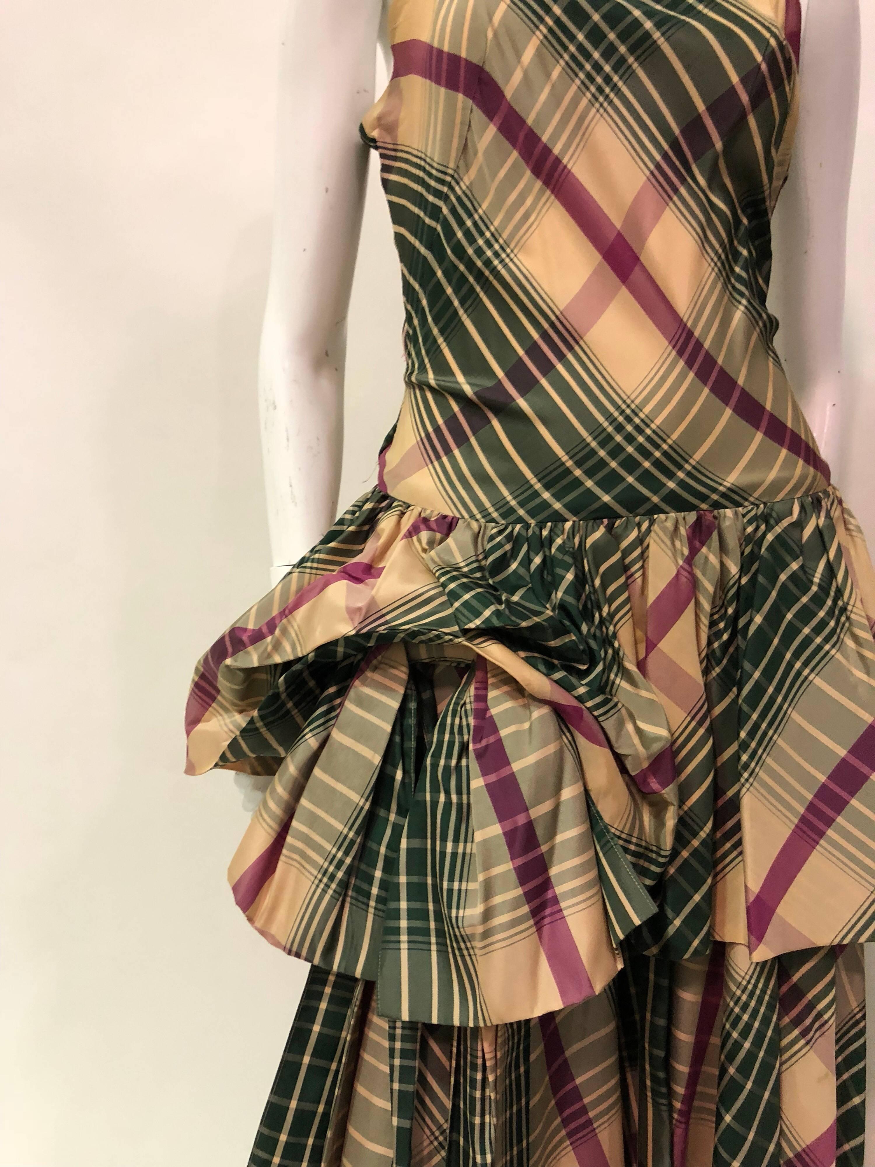 Black 1940s Jourdelle Of Hollywood Originals Plaid Taffeta Bustle-Back Peplum Gown