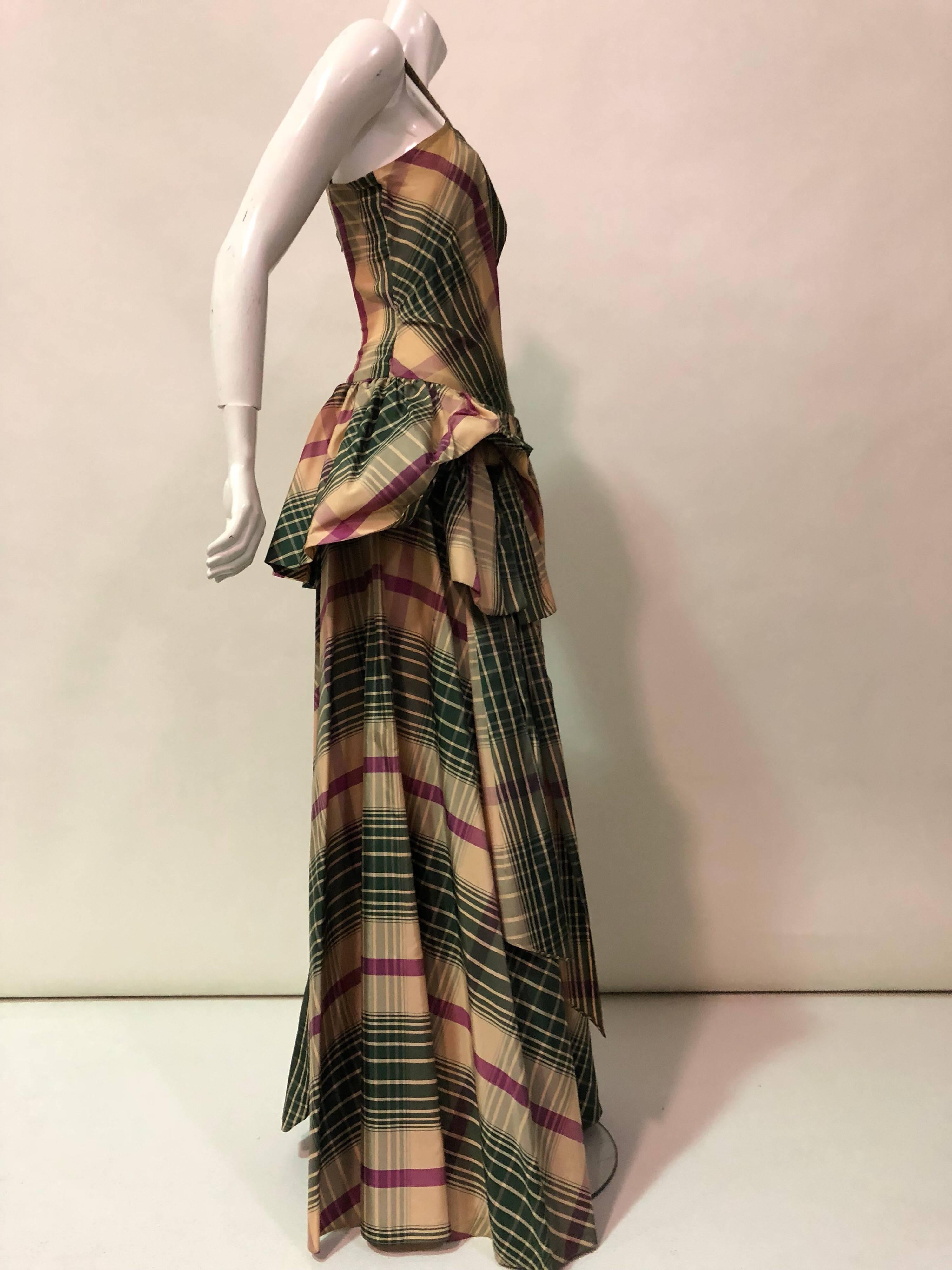 Women's 1940s Jourdelle Of Hollywood Originals Plaid Taffeta Bustle-Back Peplum Gown