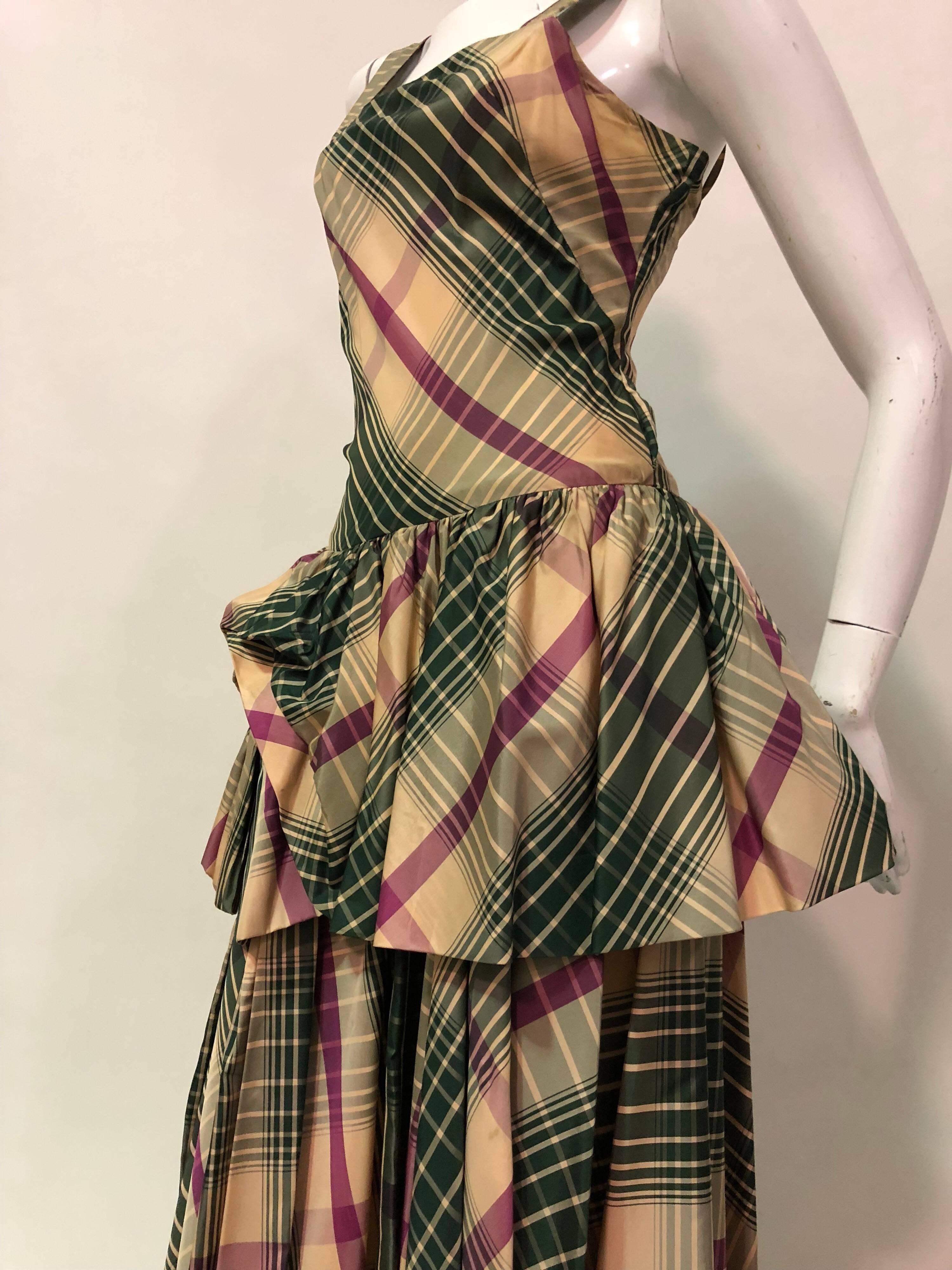 1940s Jourdelle Of Hollywood Originals Plaid Taffeta Bustle-Back Peplum Gown 1
