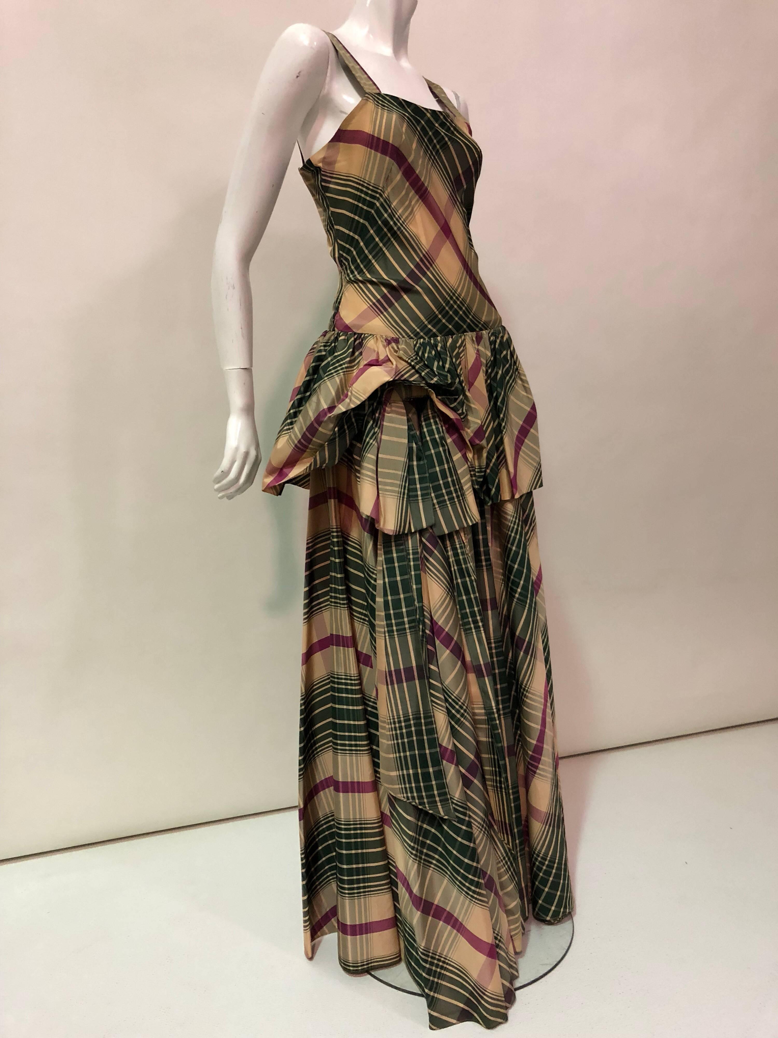 1940s Jourdelle Of Hollywood Originals Plaid Taffeta Bustle-Back Peplum Gown 3