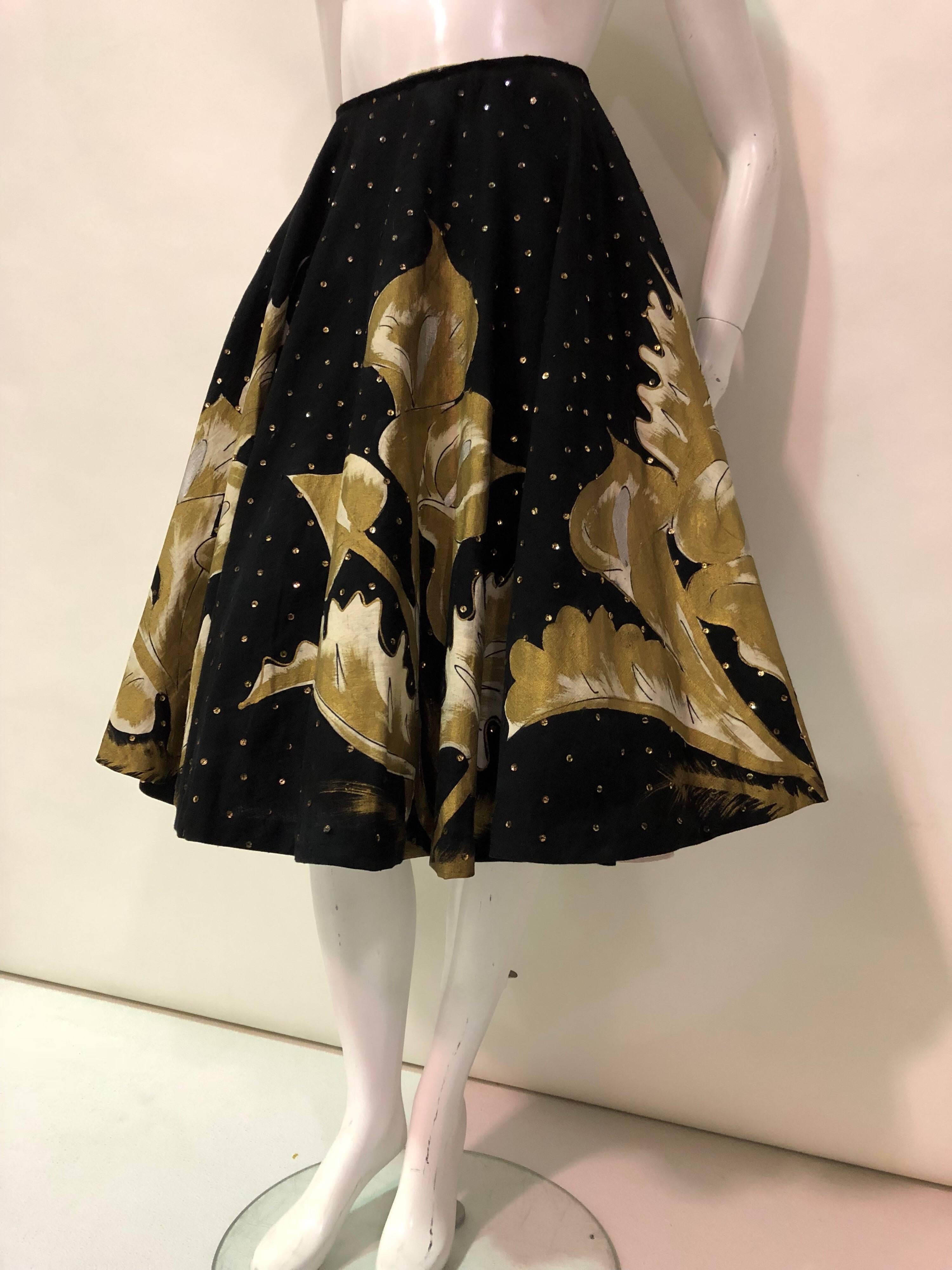 1950s Hand-Painted black and gold sequined Mexican cotton circle skirt with calla lily designs. Wrap-around style and design.