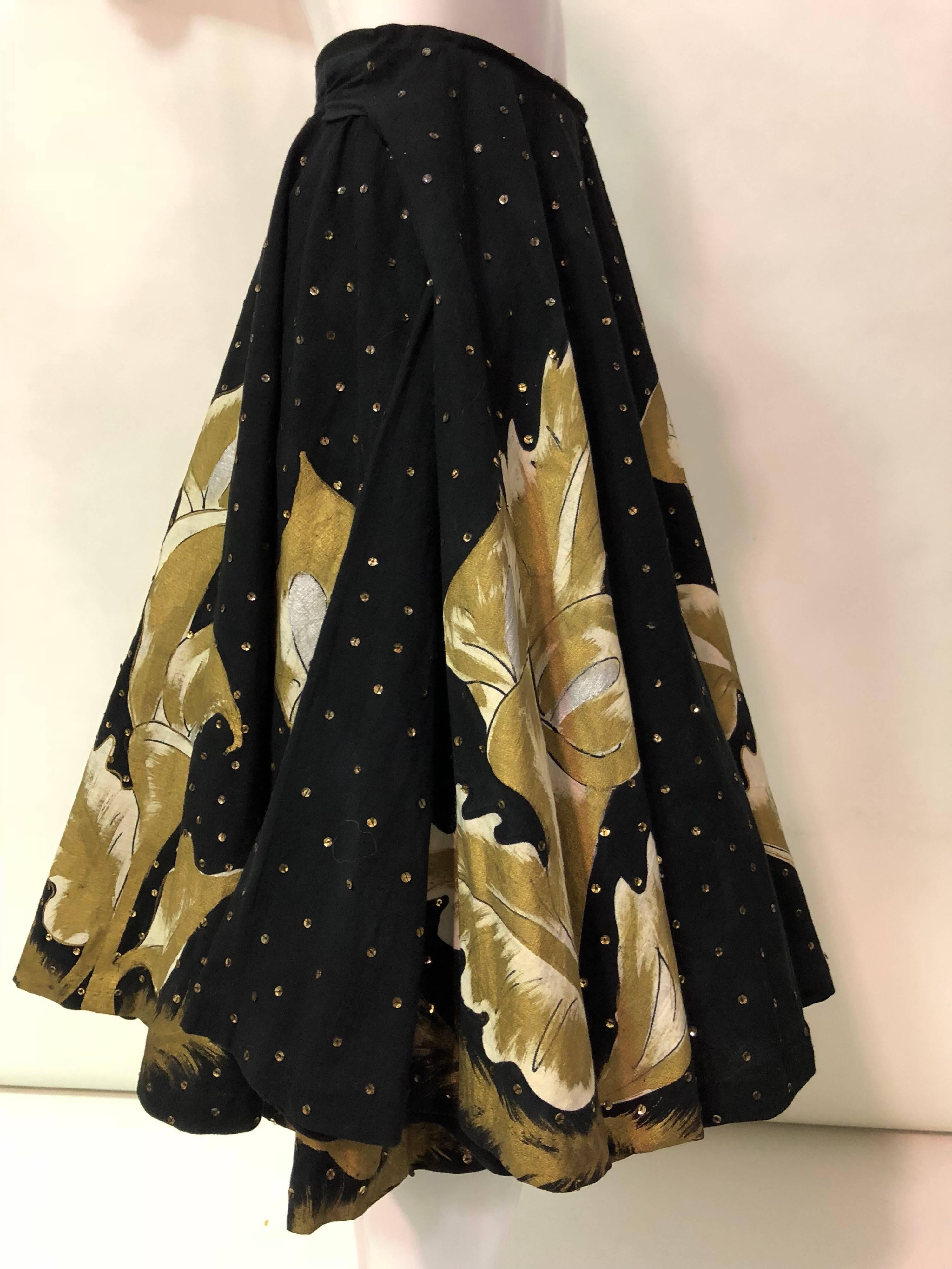 1950s Hand- Painted Black & Gold Sequin Mexican Circle Skirt With Calla Lilies  In Excellent Condition In Gresham, OR