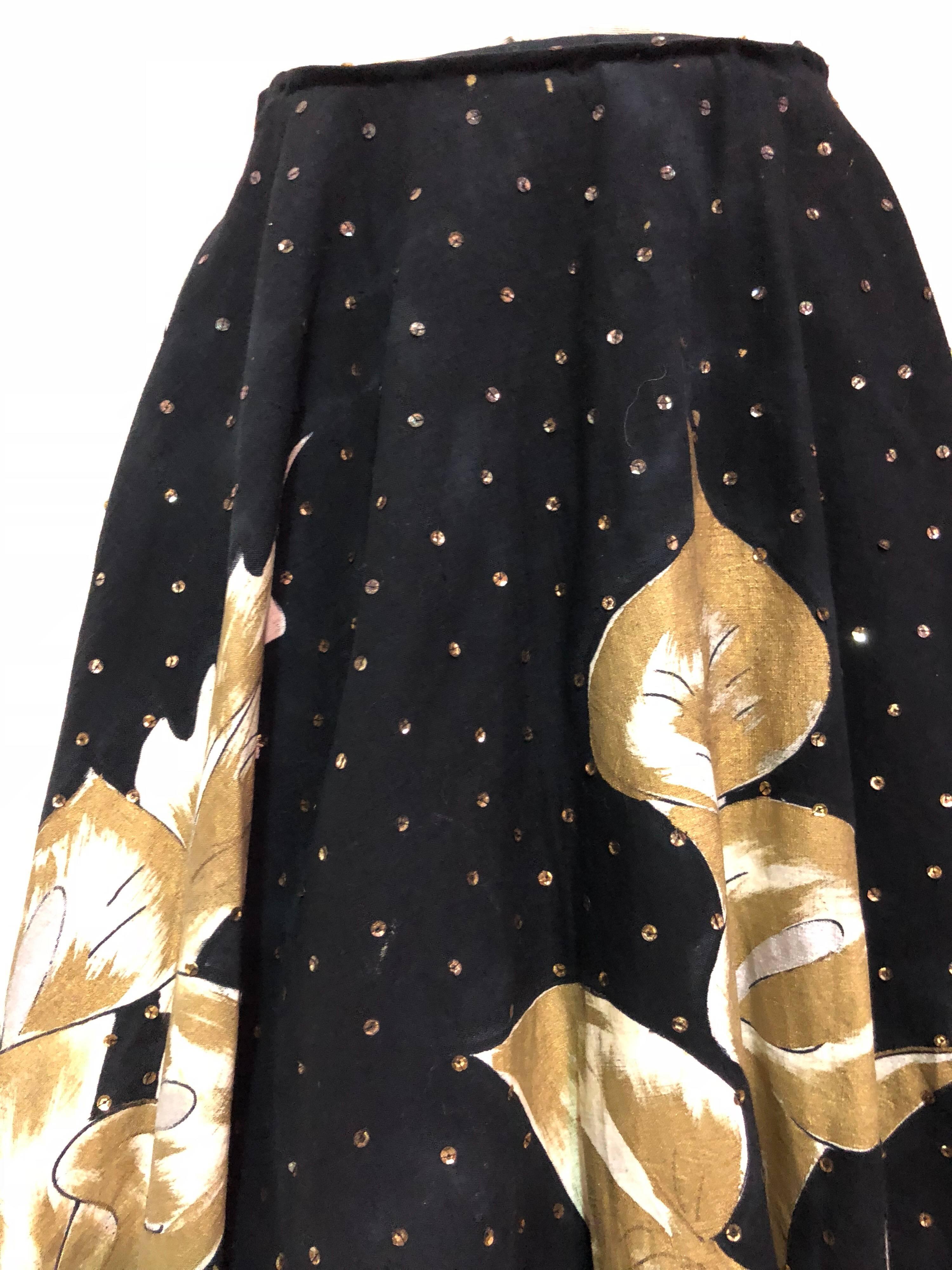 1950s Hand- Painted Black & Gold Sequin Mexican Circle Skirt With Calla Lilies  2