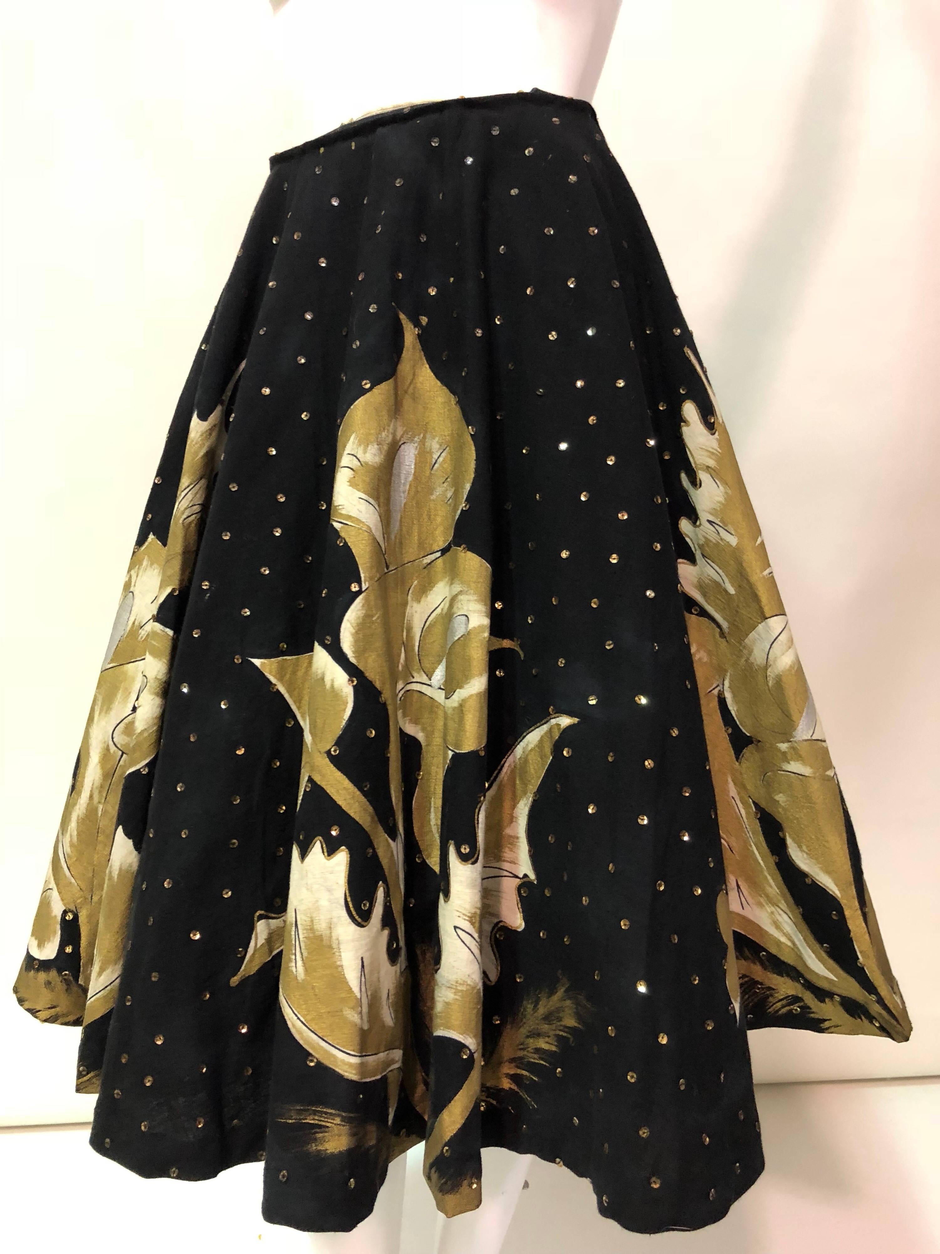 1950s Hand- Painted Black & Gold Sequin Mexican Circle Skirt With Calla Lilies  3