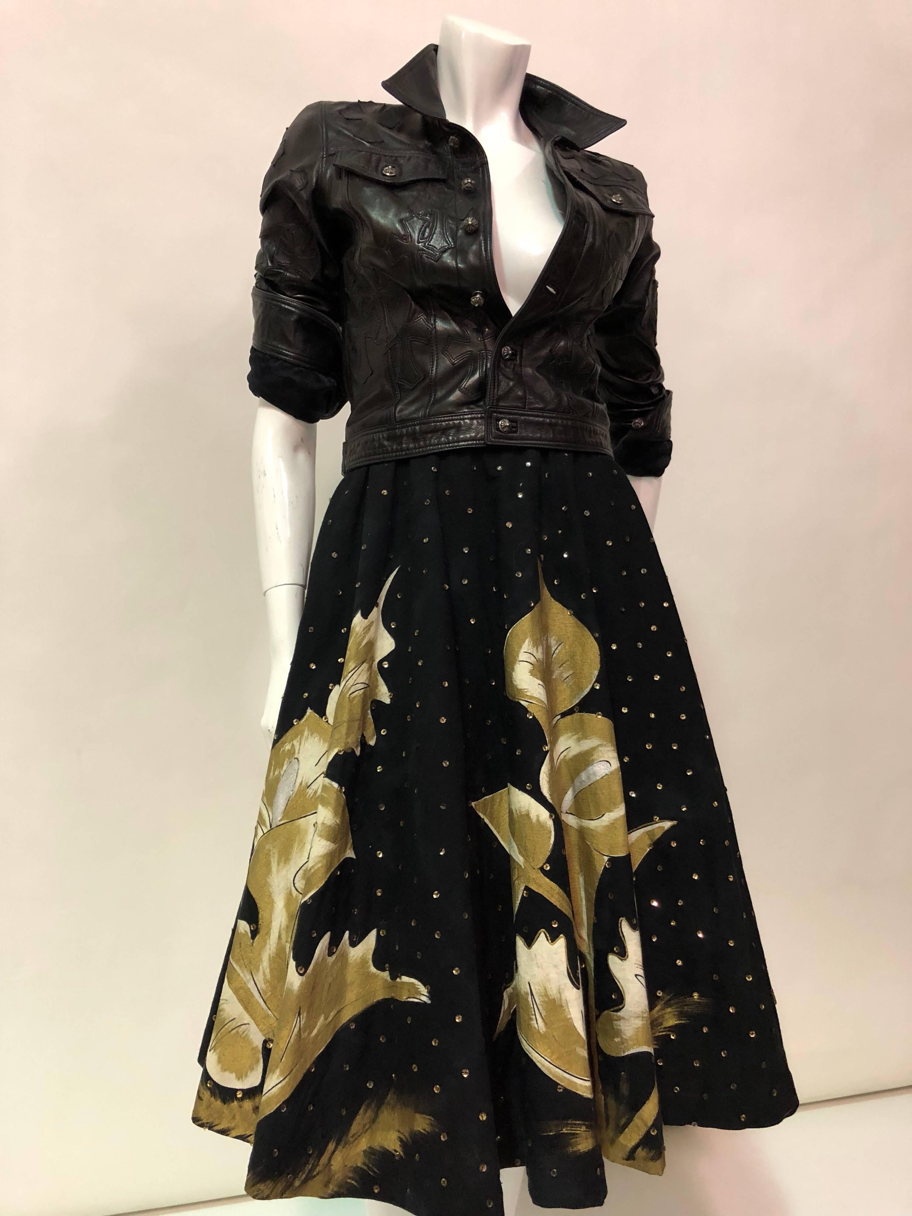1950s Hand- Painted Black & Gold Sequin Mexican Circle Skirt With Calla Lilies  5