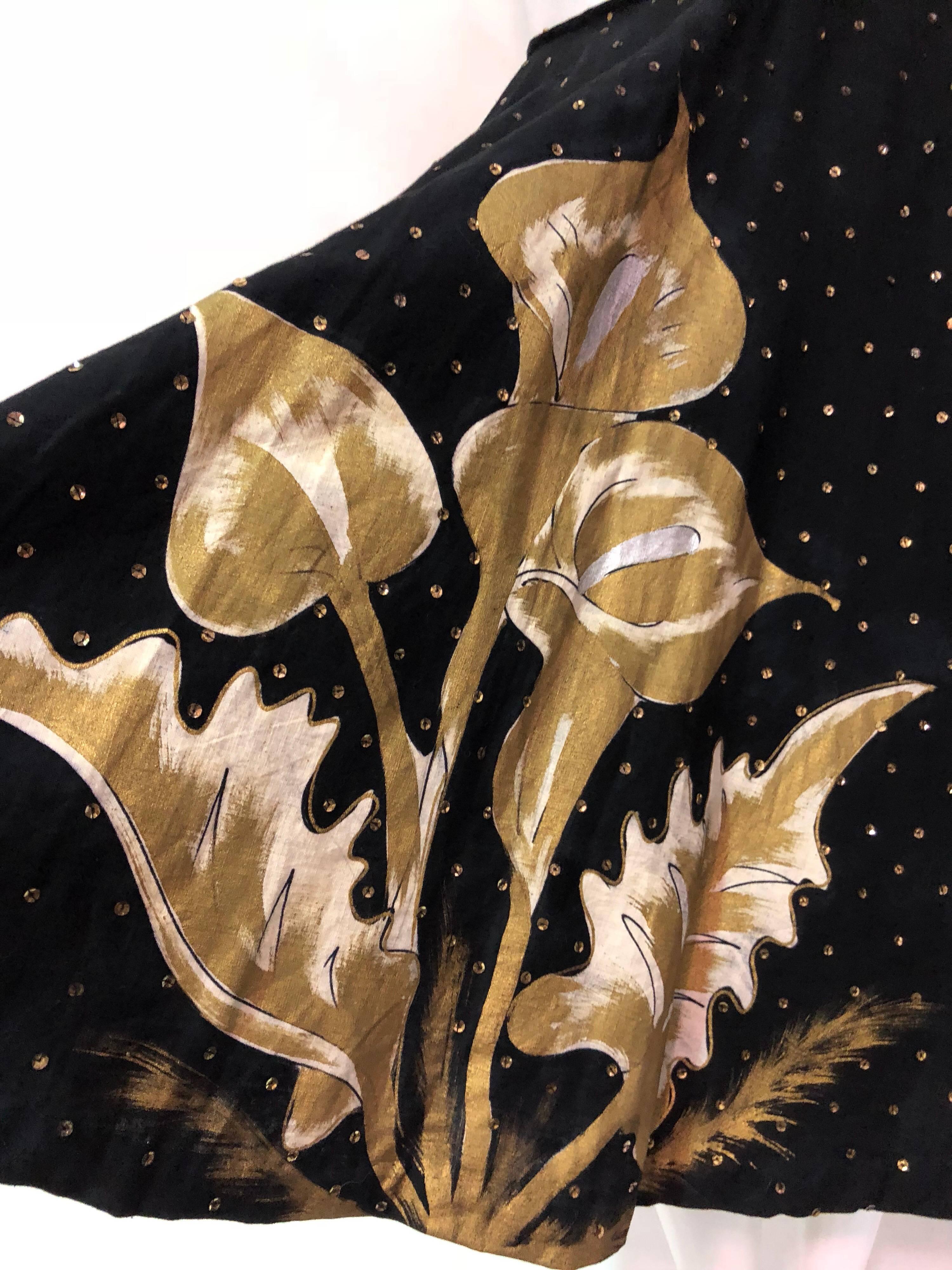 1950s Hand- Painted Black & Gold Sequin Mexican Circle Skirt With Calla Lilies  1