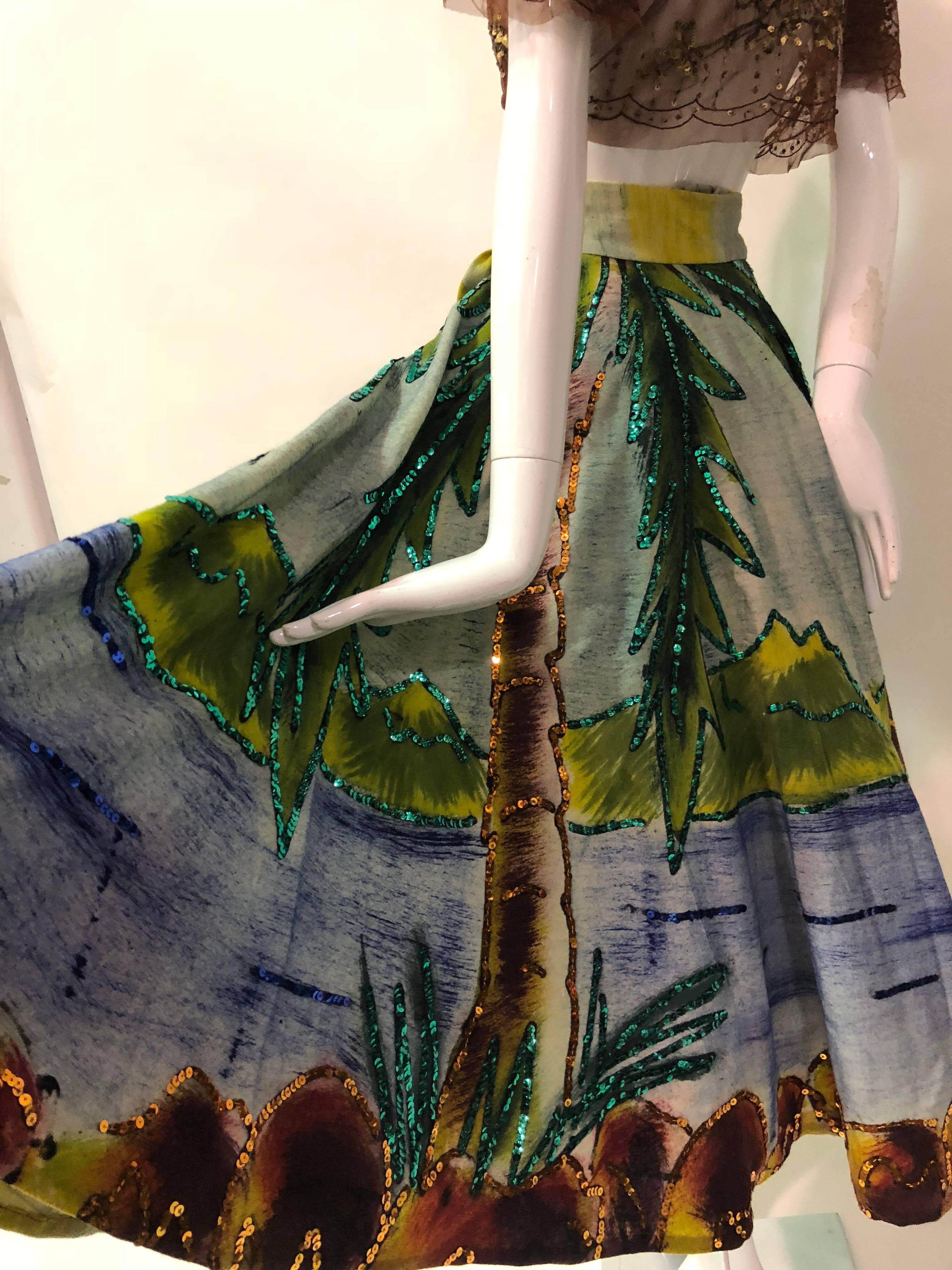 Women's Maya Tropical Hand-Painted Lightweight Wool Circle Skirt With Sequins, 1950s 