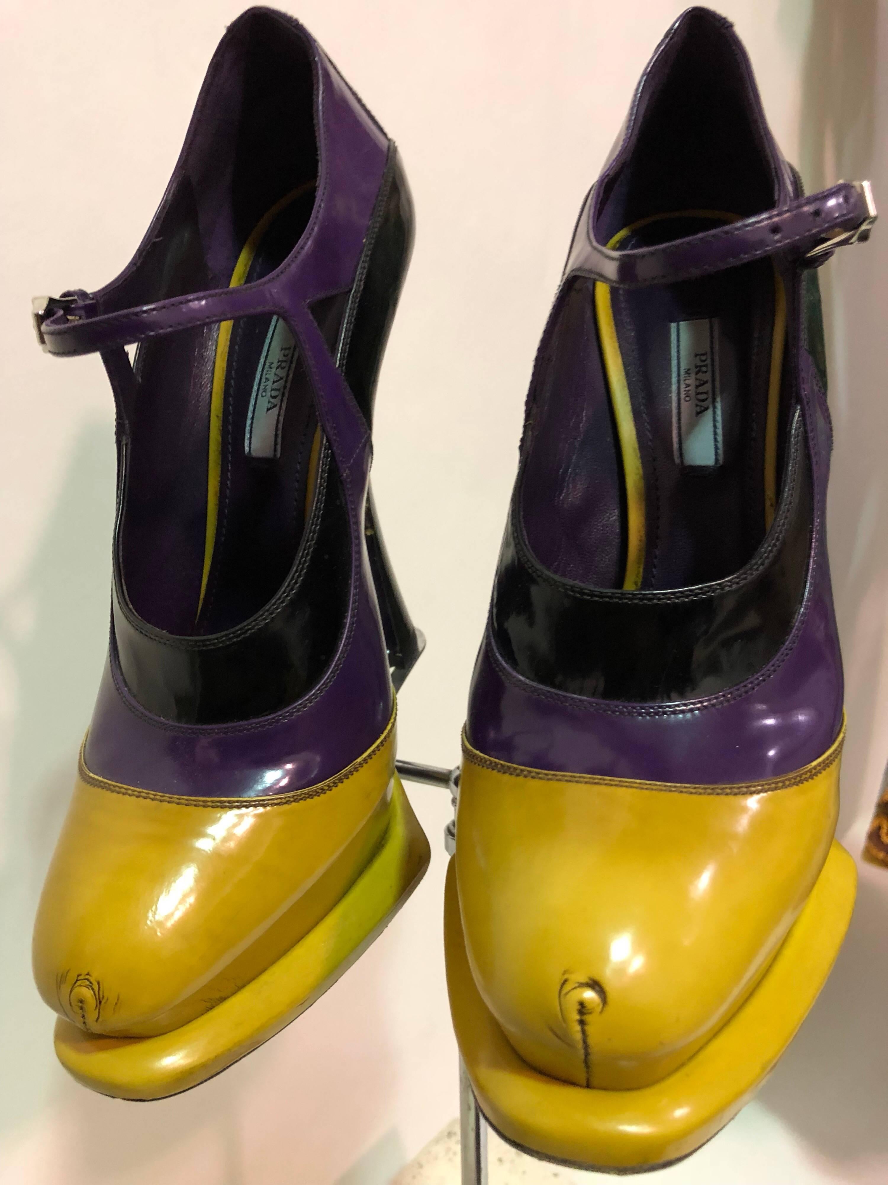 Prada canary yellow, purple and black fetish-style leather 