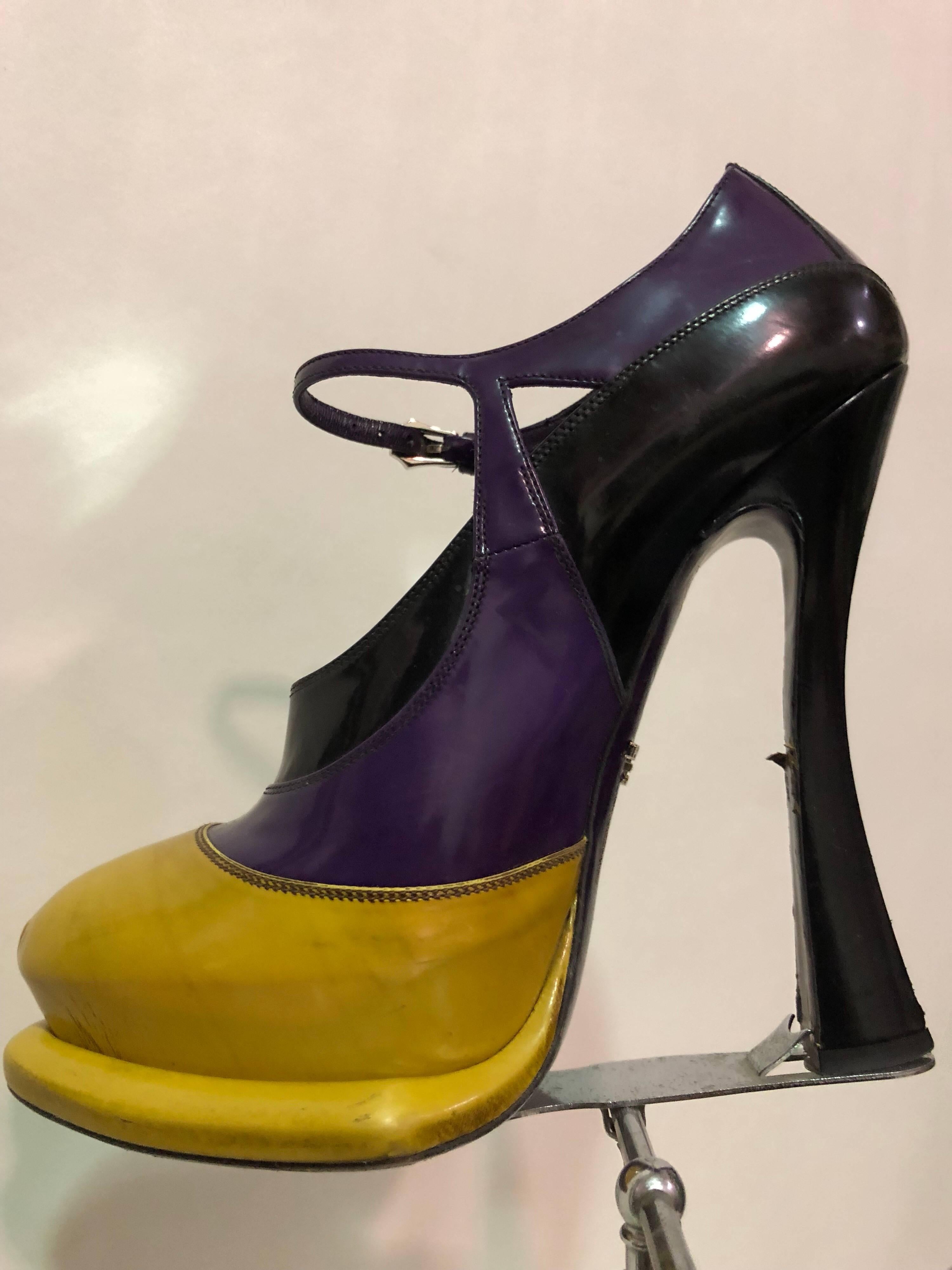 Prada Canary Yellow Purple & Black Fetish-Style Platform Mary Jane Heels In Excellent Condition For Sale In Gresham, OR