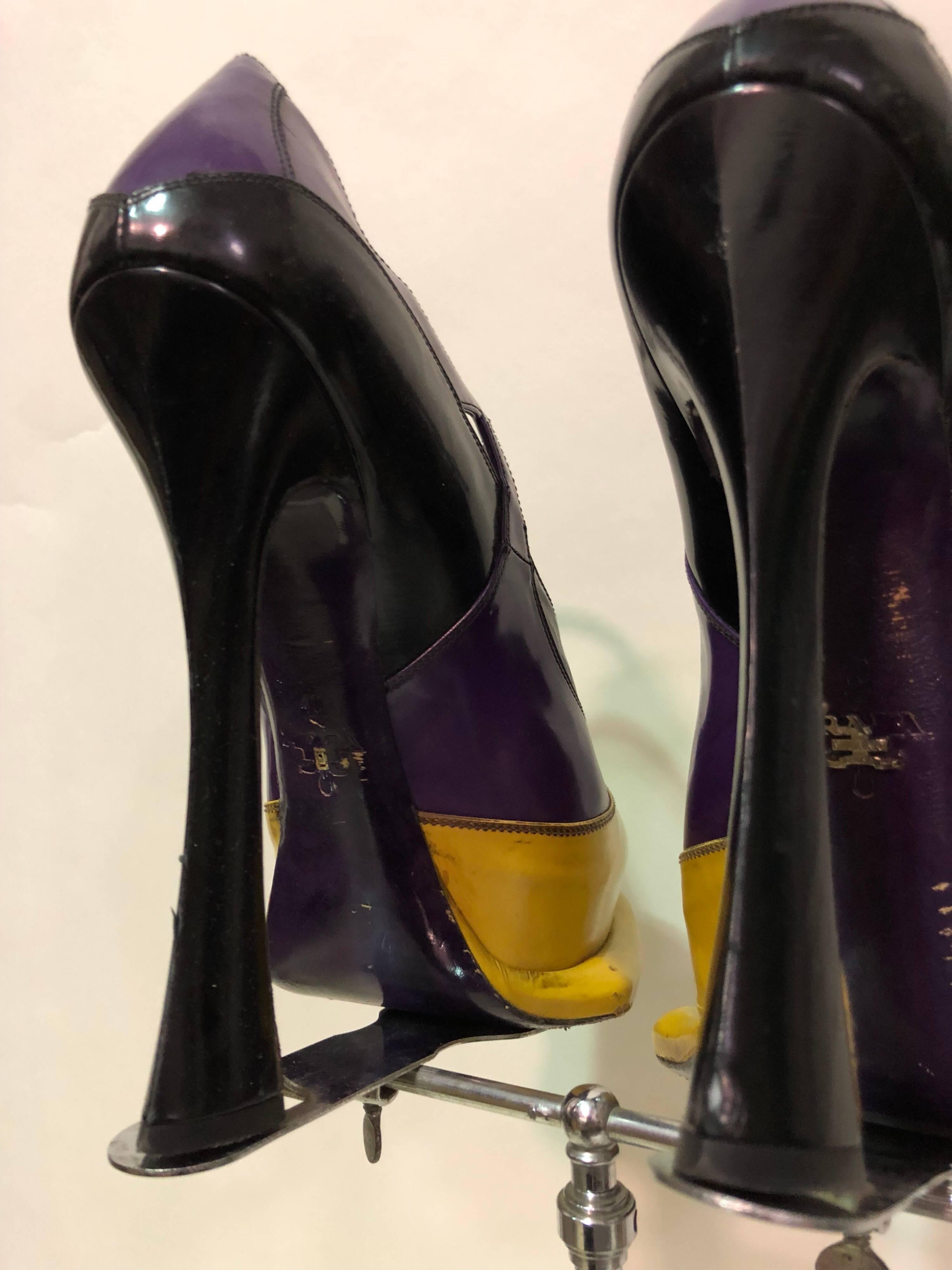 Women's Prada Canary Yellow Purple & Black Fetish-Style Platform Mary Jane Heels For Sale