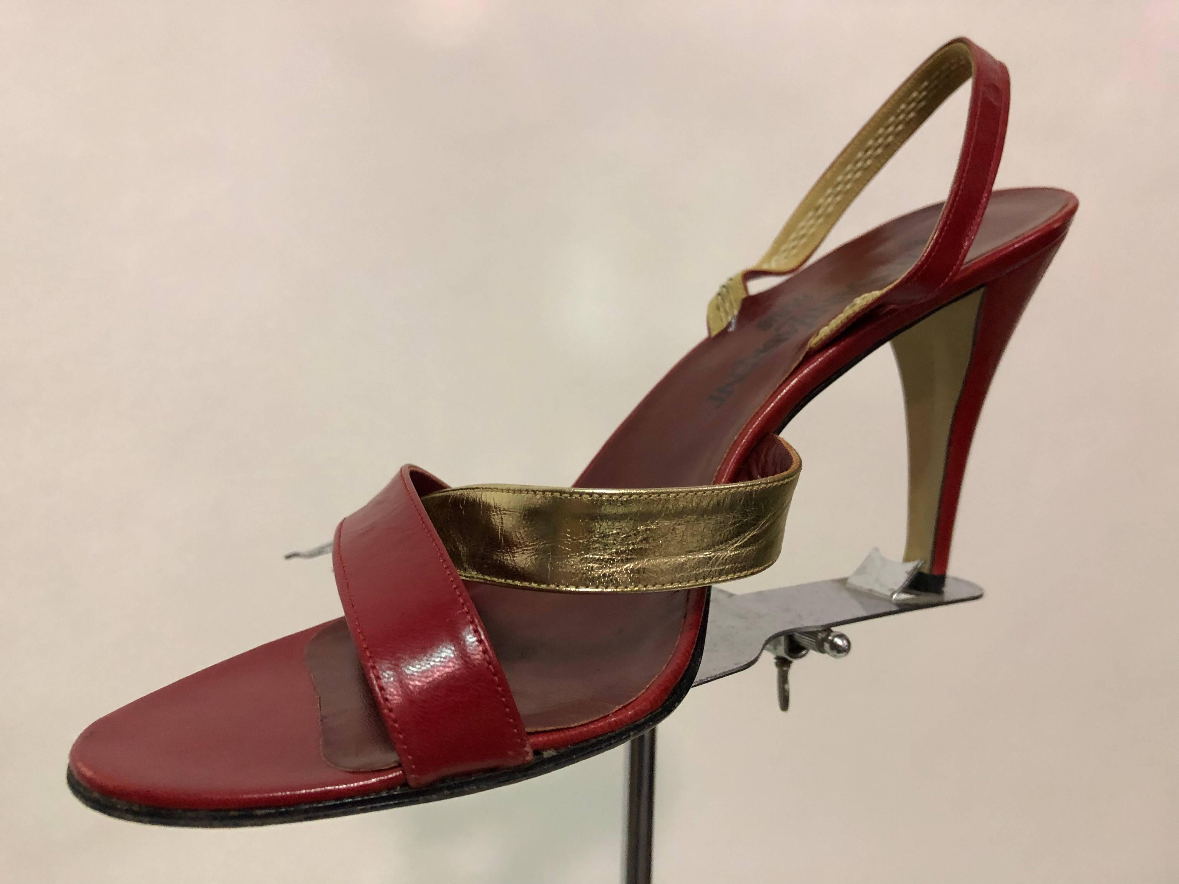 Fabulous, Disco-Ready, 1970s Yves Saint Laurent gold and red leather high heel sling-back sandals! Made in Italy, sized 9.5M.  