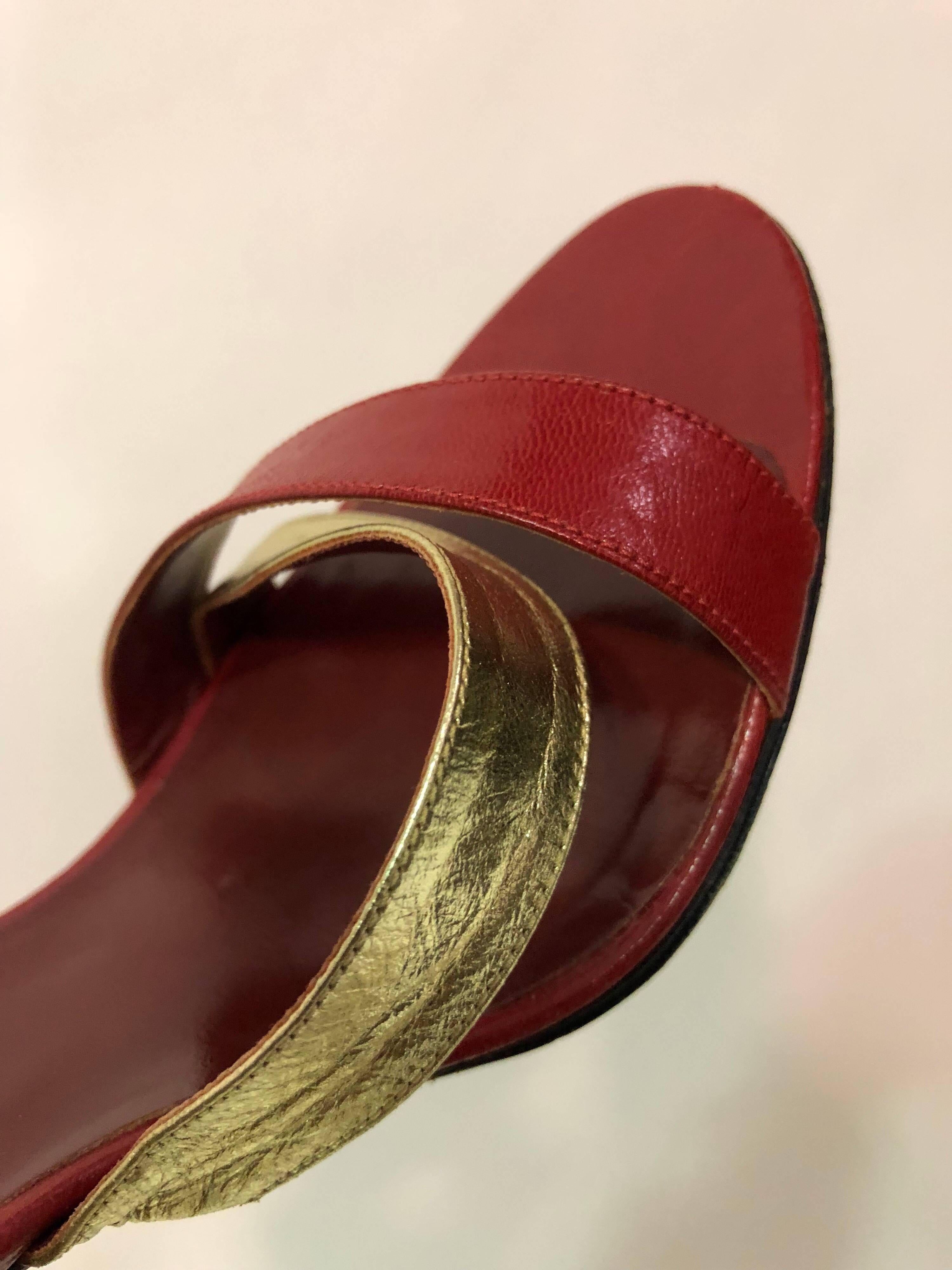Brown 1970s Yves Saint Laurent Gold & Red Leather High Heel Sling-Back Sandals