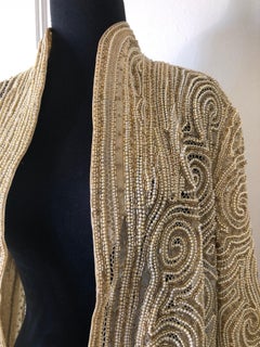Halston Pearl Crochet and Gold Bugle Beaded Silk Organza Lace Jacket, 1980s