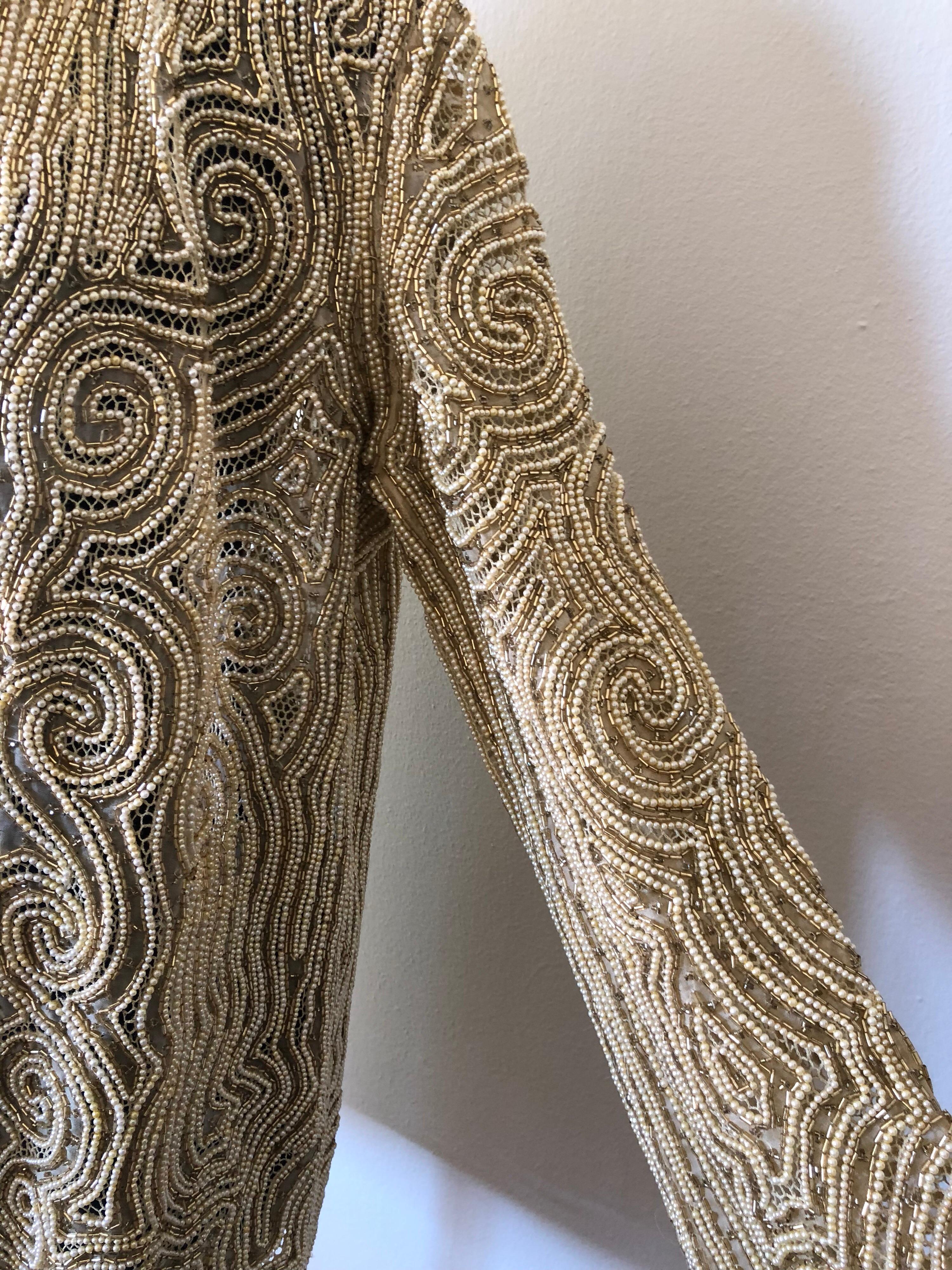 Gray Halston Pearl Crochet and Gold Bugle Beaded Silk Organza Lace Jacket, 1980s 