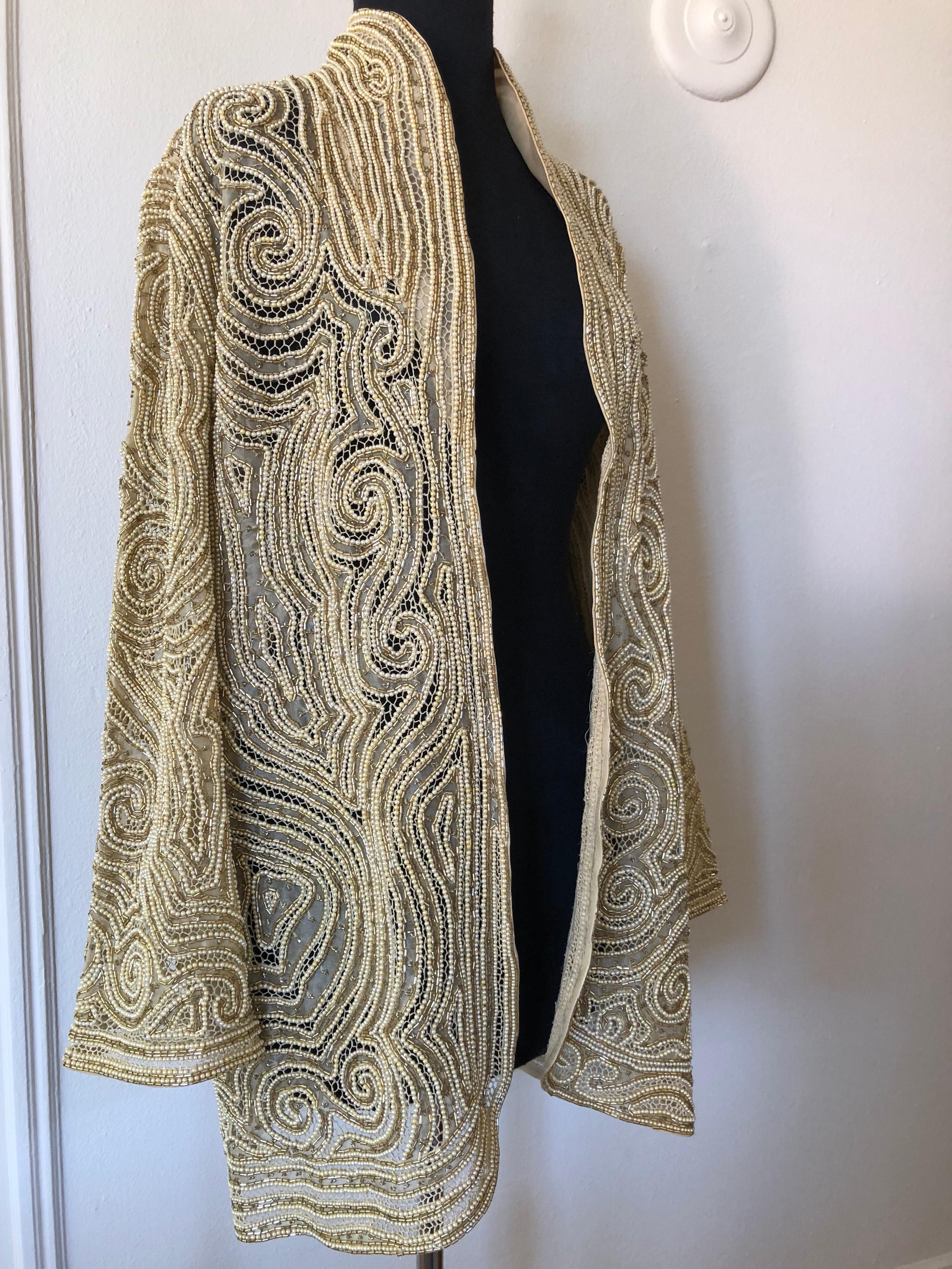 Halston Pearl Crochet and Gold Bugle Beaded Silk Organza Lace Jacket, 1980s  2