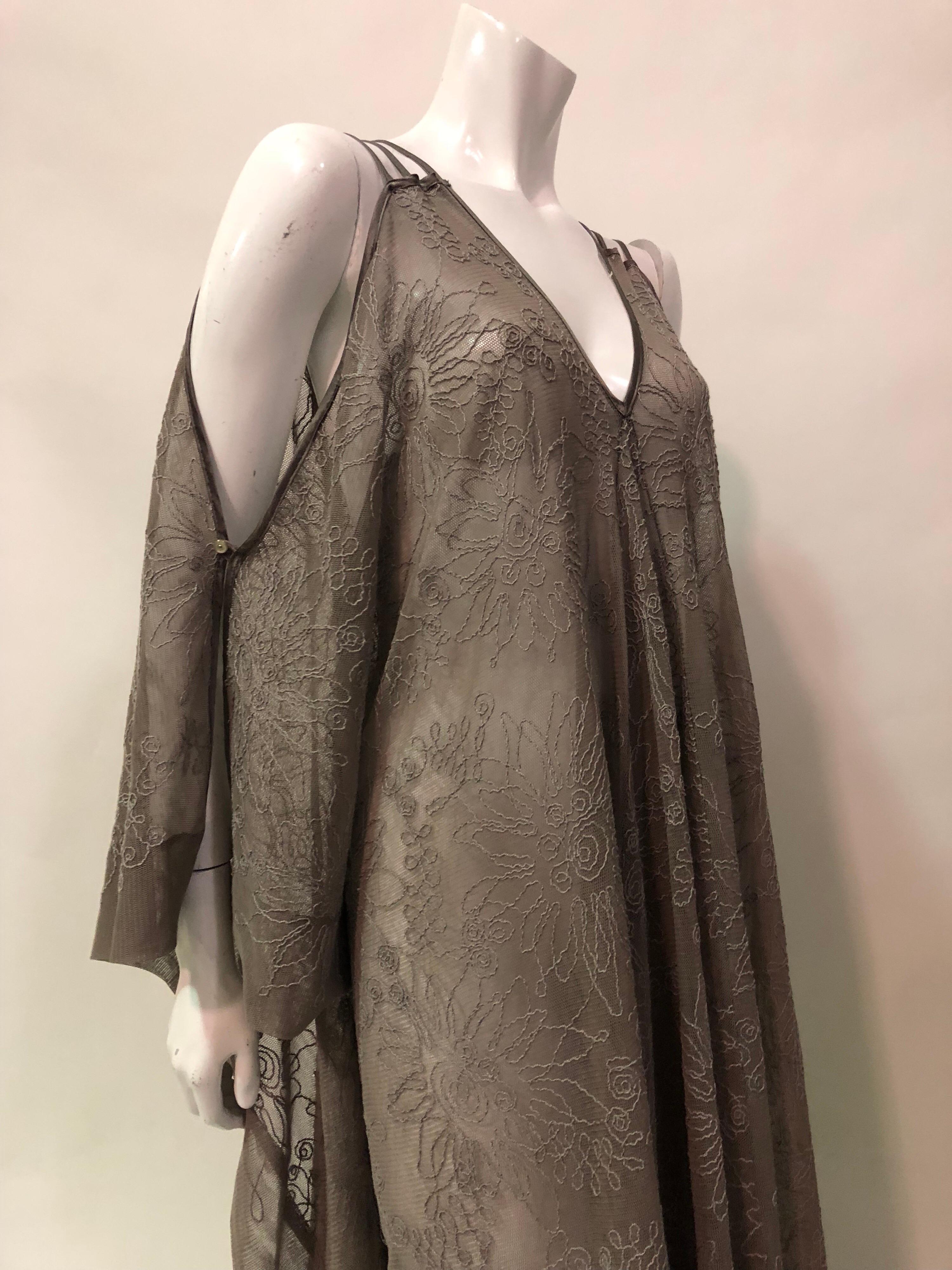 Oyster Tone Floral Embroidered Silk Charmeuse Trim Open Shoulder Caftan 1