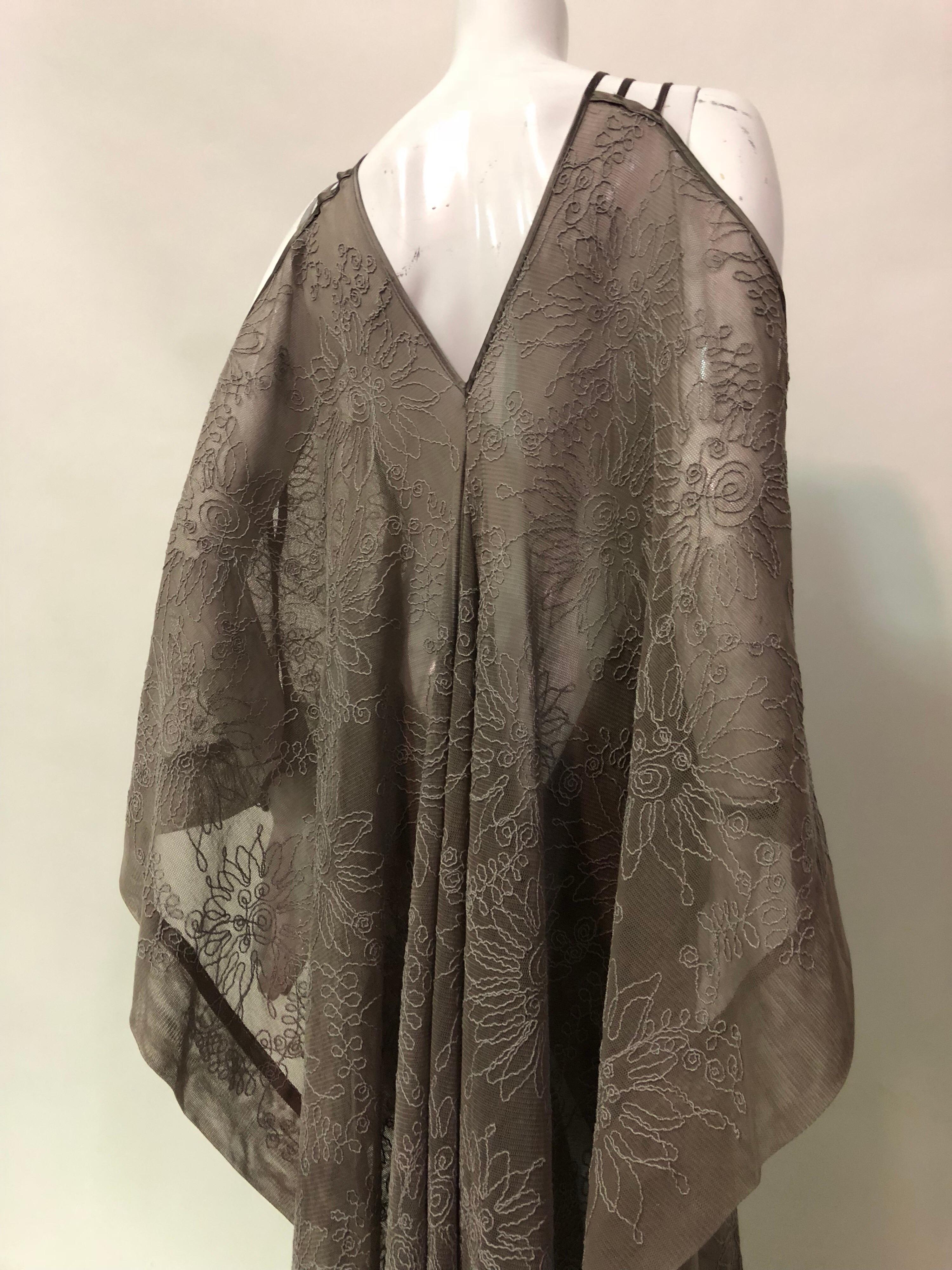 Oyster Tone Floral Embroidered Silk Charmeuse Trim Open Shoulder Caftan 2
