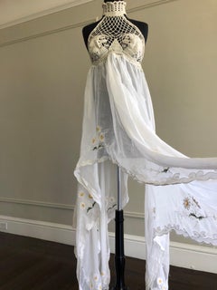 1970s-Style Crochet Halter Dress W/ Daisy Embroidered Linen Handkerchief Hem