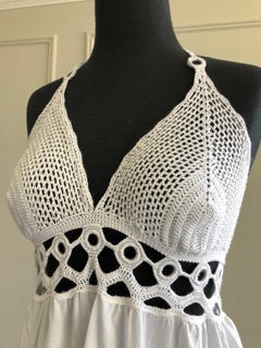 1970s-Style Summer Halter Midi Dress W/ Hand-Crochet & Victorian Eyelet Skirt