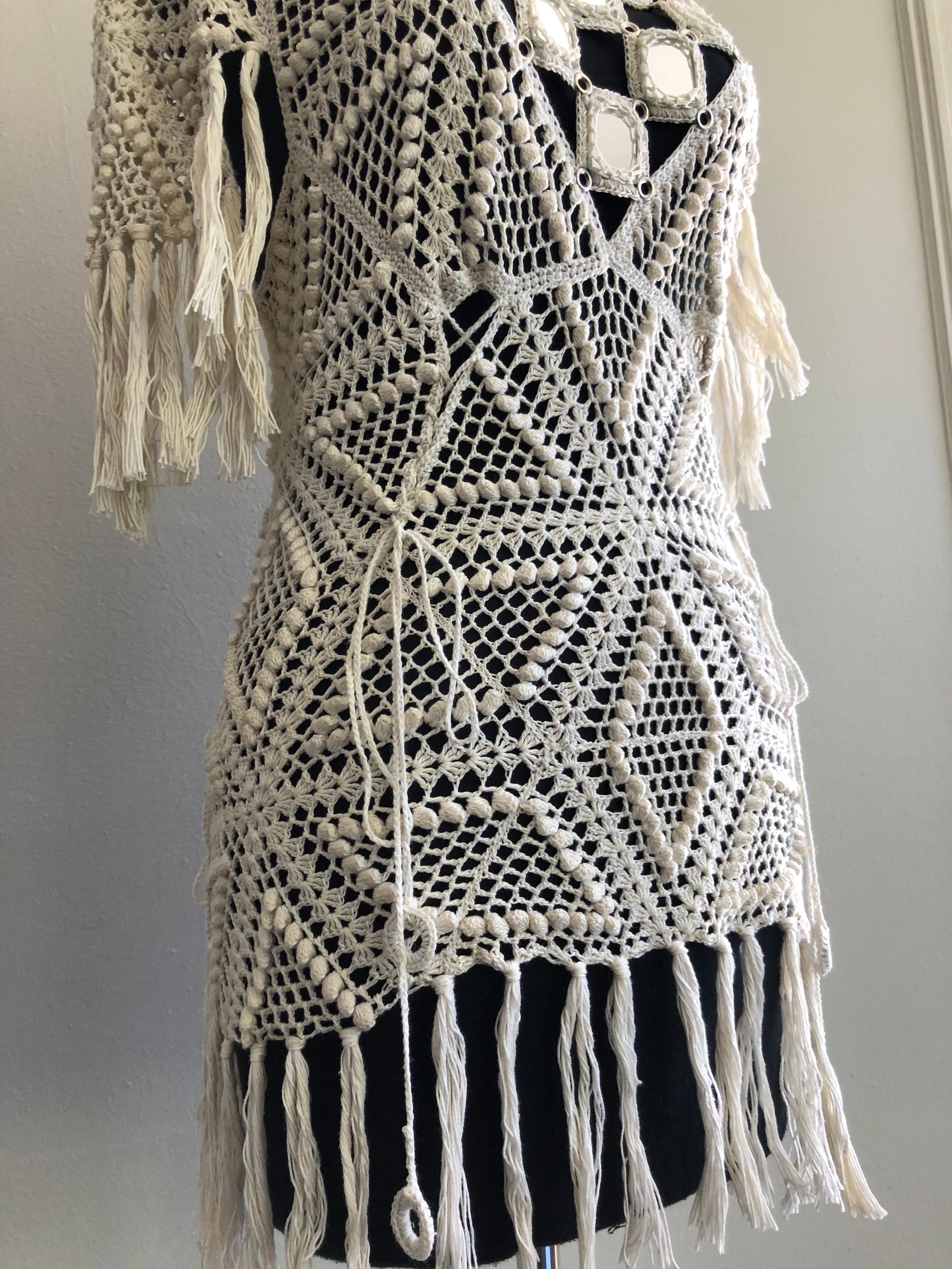 1970s Style Crochet and Mirror Bib Tunic With Fringe Trim and Open Tie Back 3