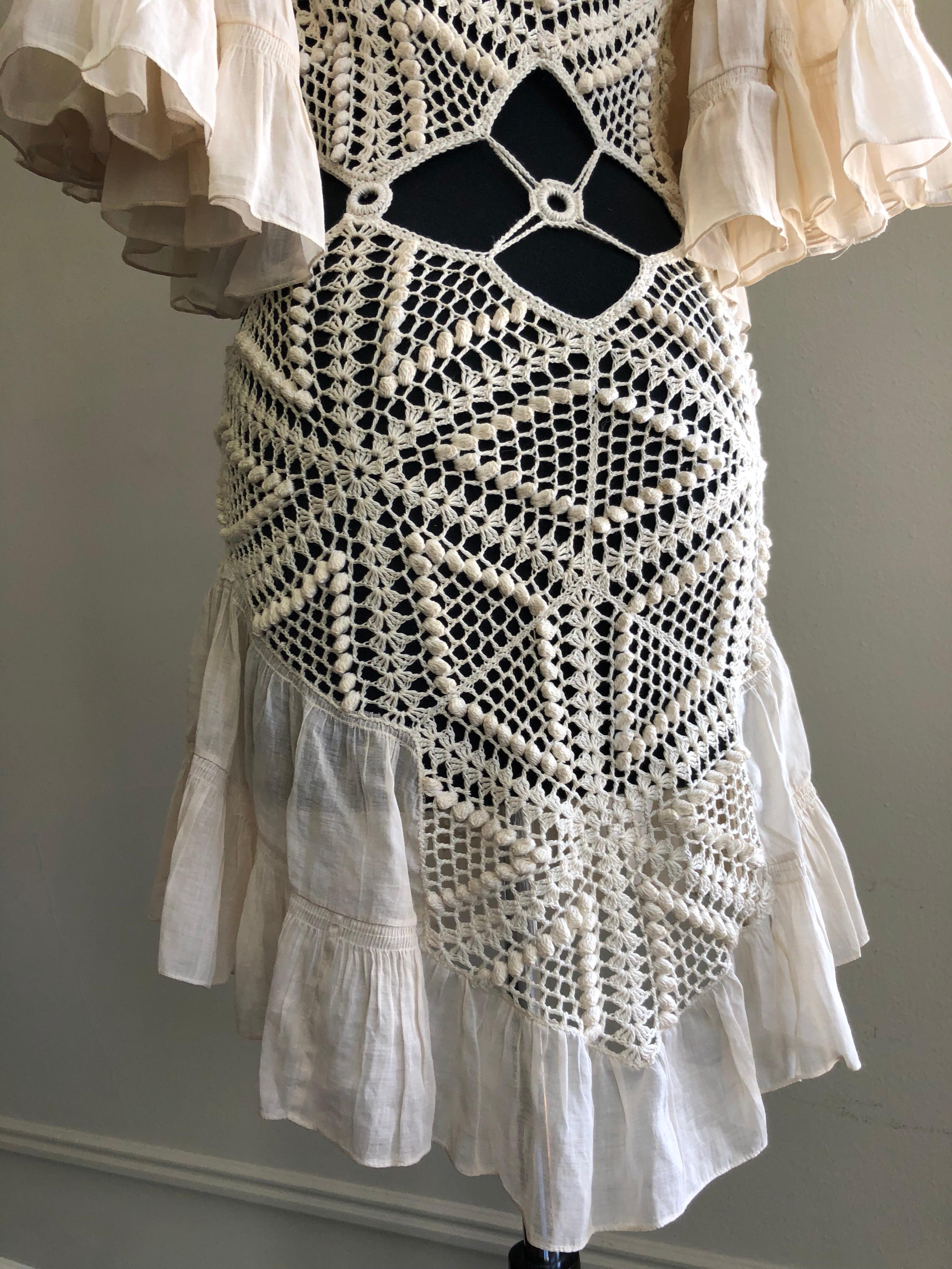 1970s-Style Peek-A-Boo Crochet Midriff Mini Dress W/ Cotton Ruffle Sleeves & Hem In Excellent Condition In Gresham, OR