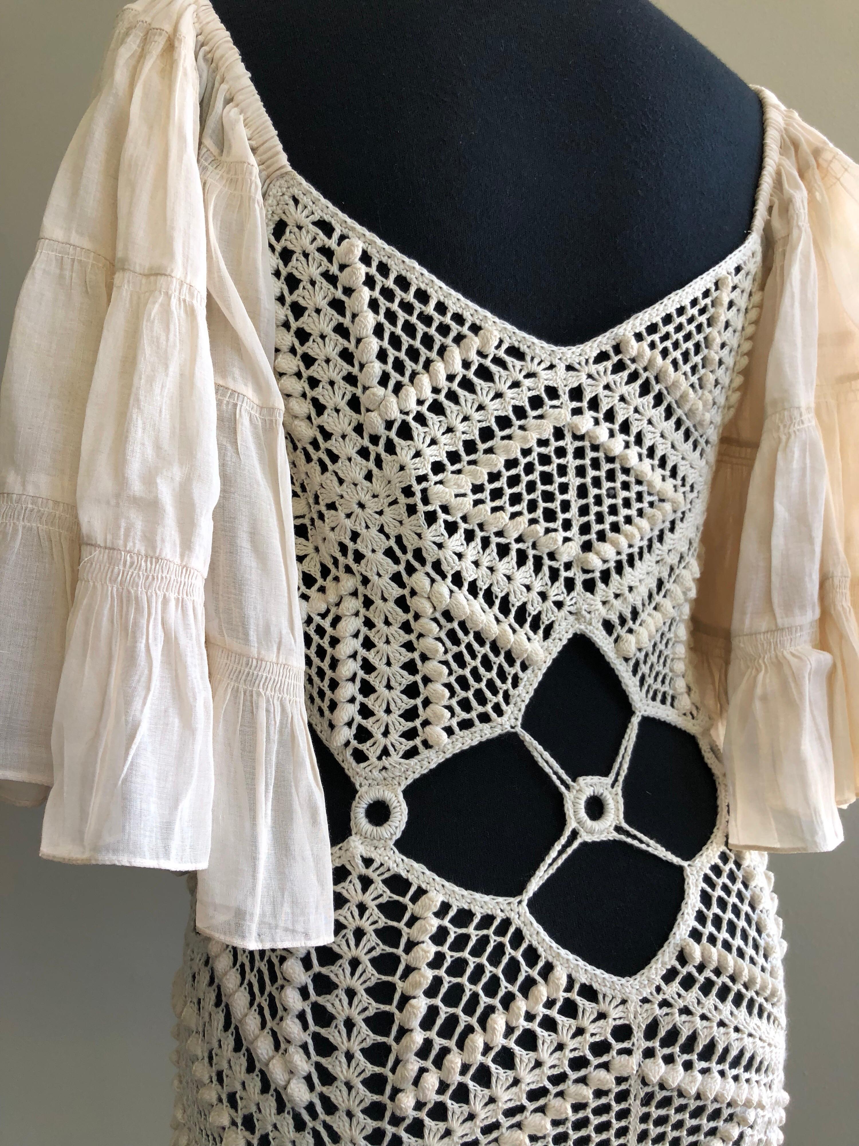 Women's 1970s-Style Peek-A-Boo Crochet Midriff Mini Dress W/ Cotton Ruffle Sleeves & Hem