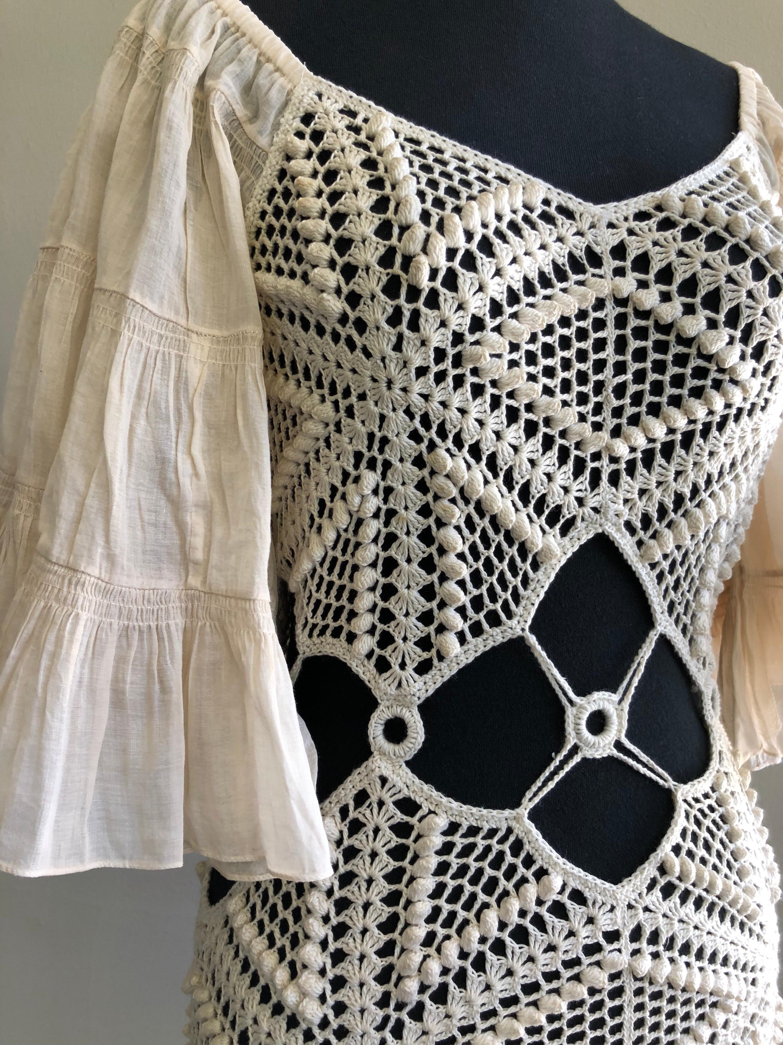 1970s-Style Peek-A-Boo Crochet Midriff Mini Dress W/ Cotton Ruffle Sleeves & Hem 1