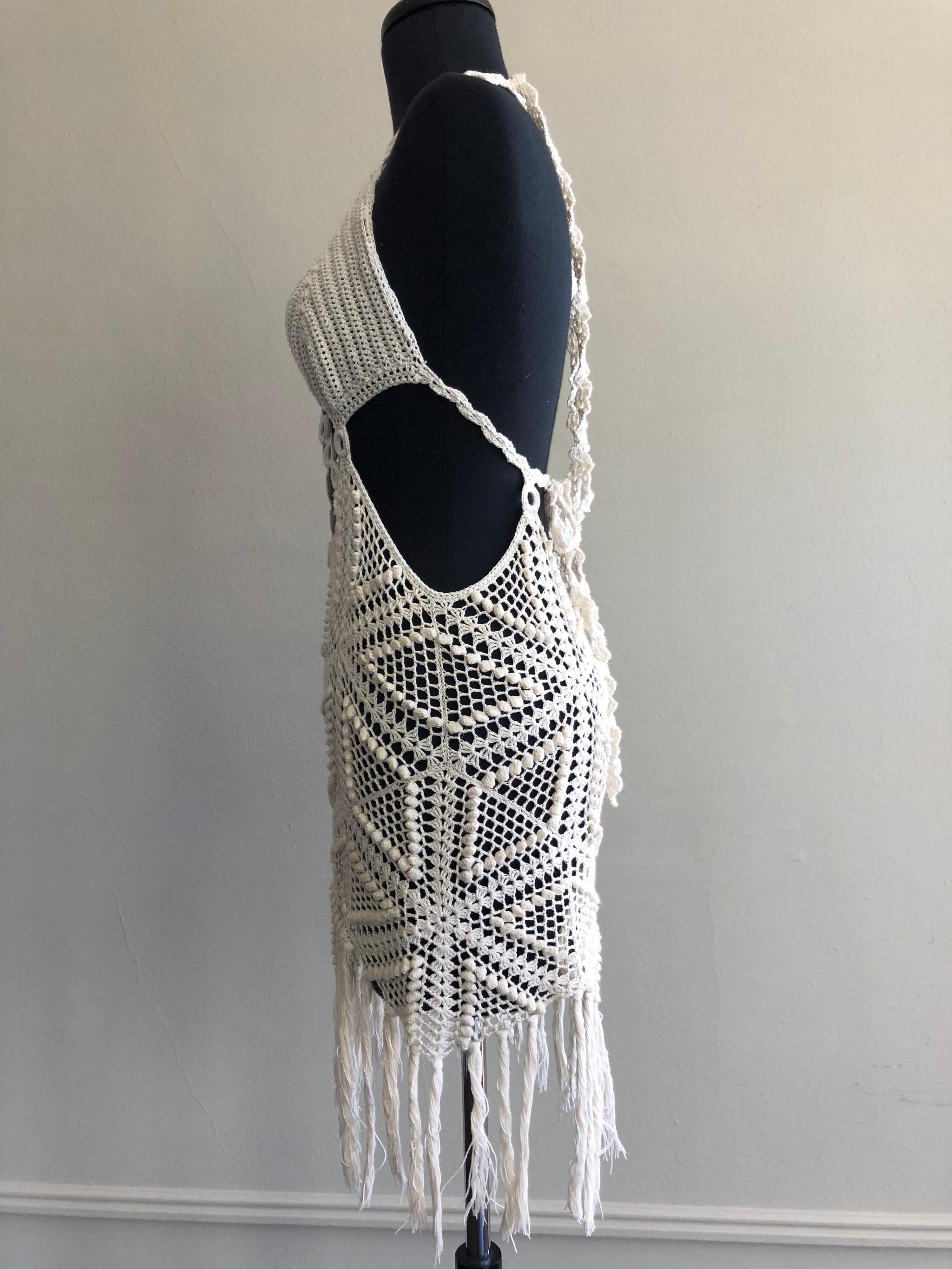 Gray 1970s Summer Of Love Cotton Crochet Halter Summer Dress W/ Tie Back 