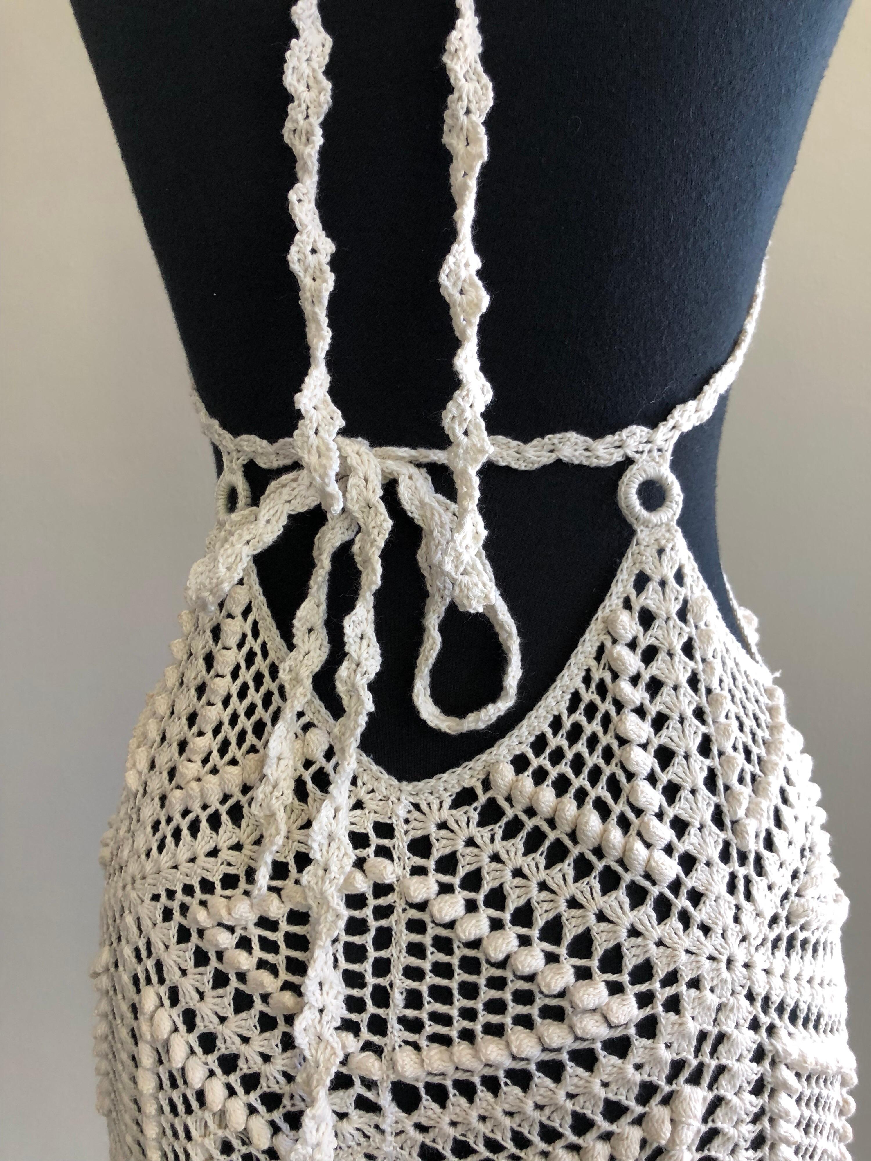 1970s Summer Of Love Cotton Crochet Halter Summer Dress W/ Tie Back  1
