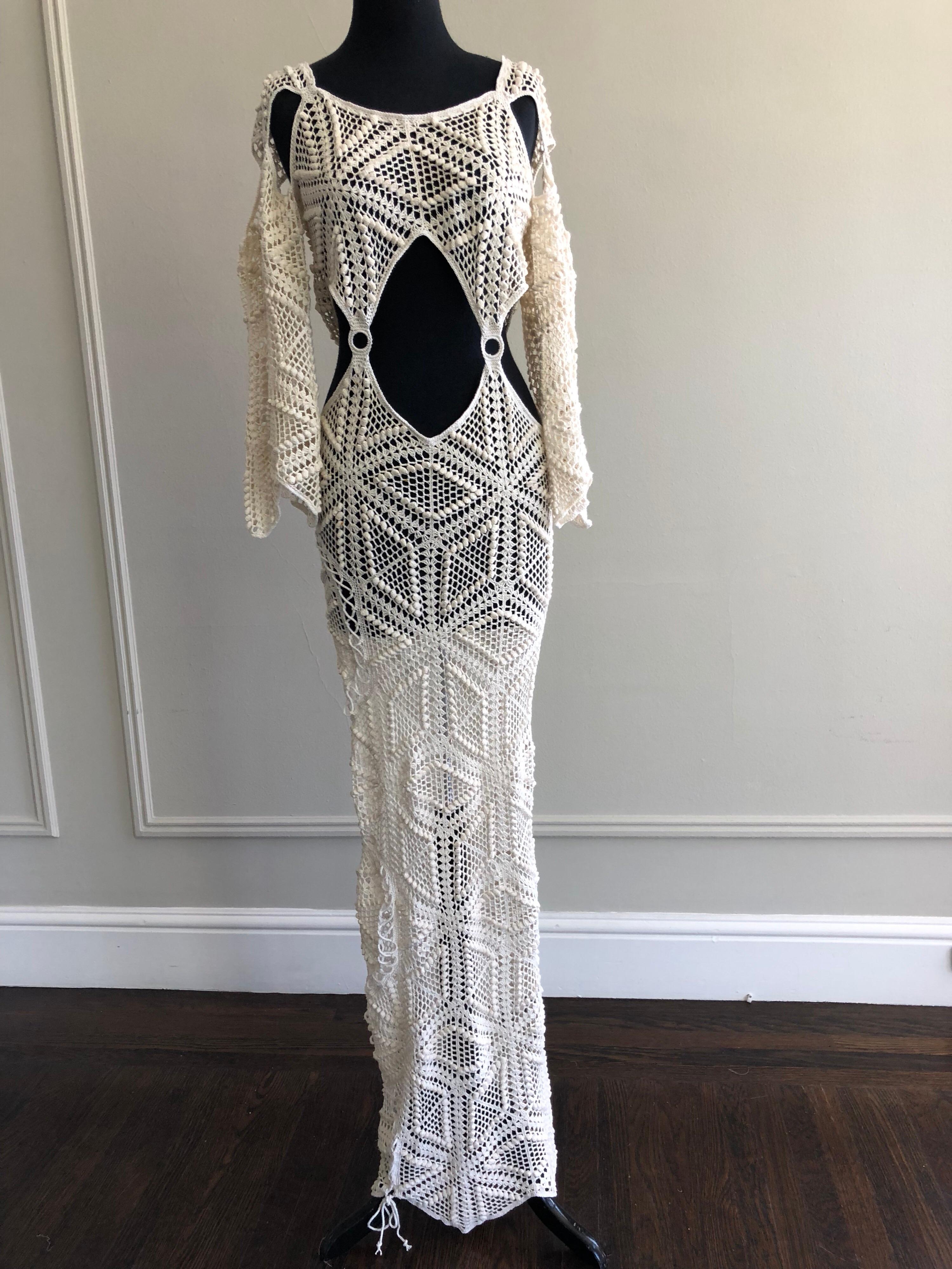 1970s Style Body Conscious Open Midriff Crochet Maxi Dress With Bell Sleeves In Excellent Condition In Gresham, OR