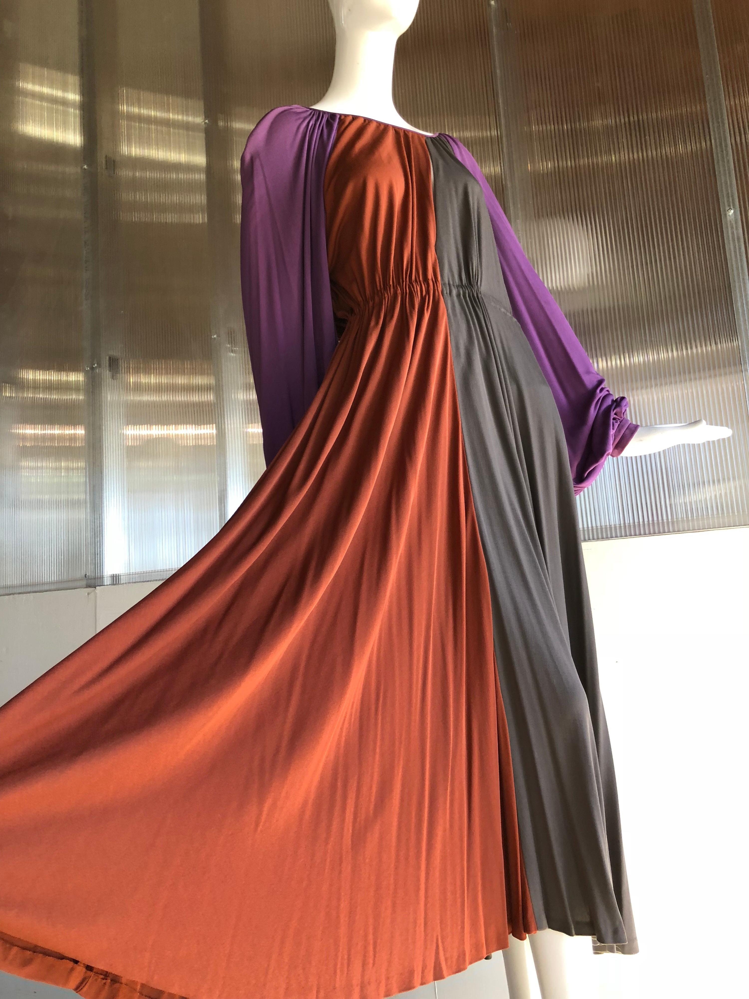 Black Galanos Silk Jersey Purple / Rust / Taupe Balloon Sleeve Custom Made Dress, 70s For Sale