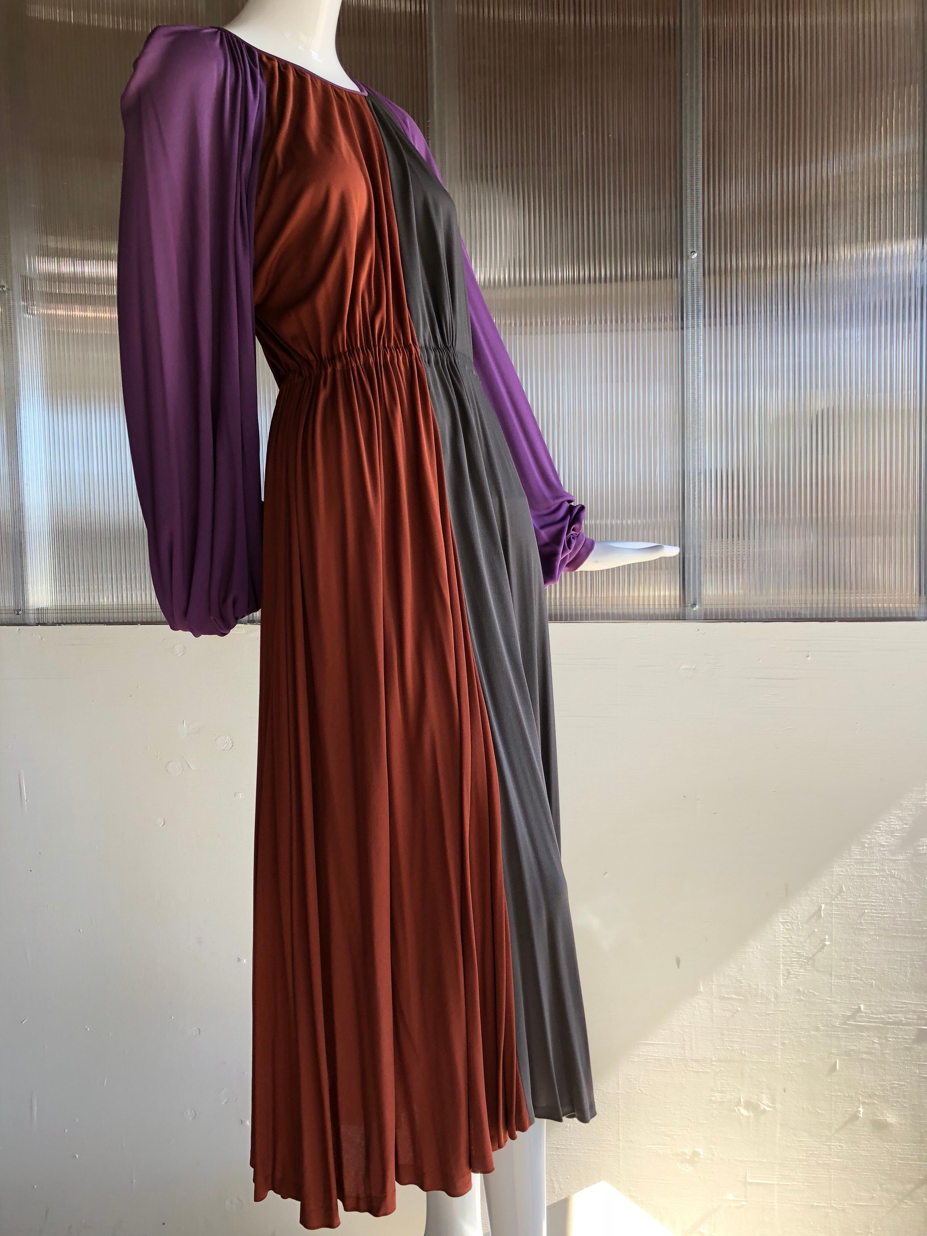 Galanos Silk Jersey Purple / Rust / Taupe Balloon Sleeve Custom Made Dress, 70s In Excellent Condition For Sale In Gresham, OR