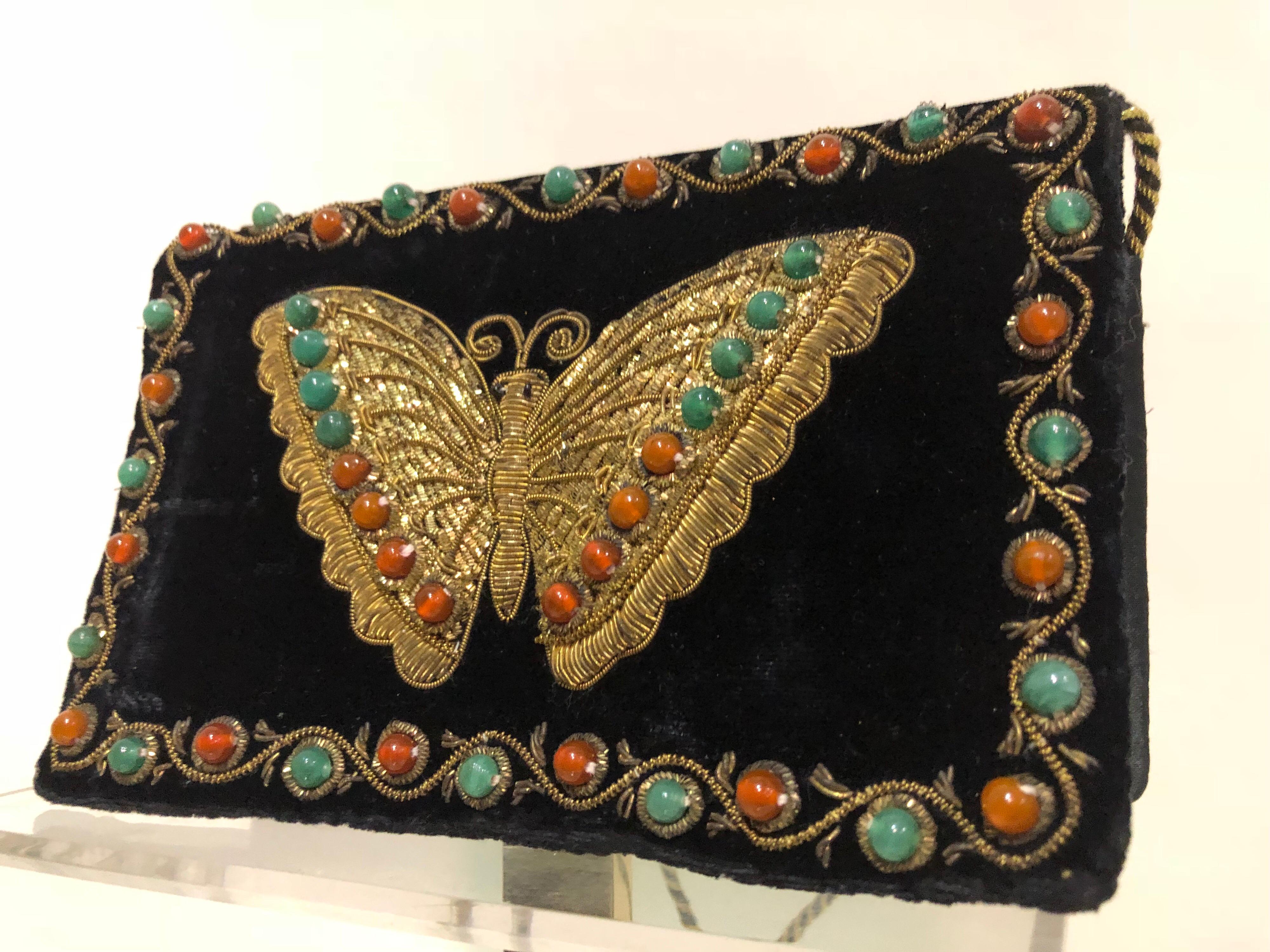 Women's 1970s Black Velvet Handbag With Embroidered Butterfly & Semi-Precious Stones