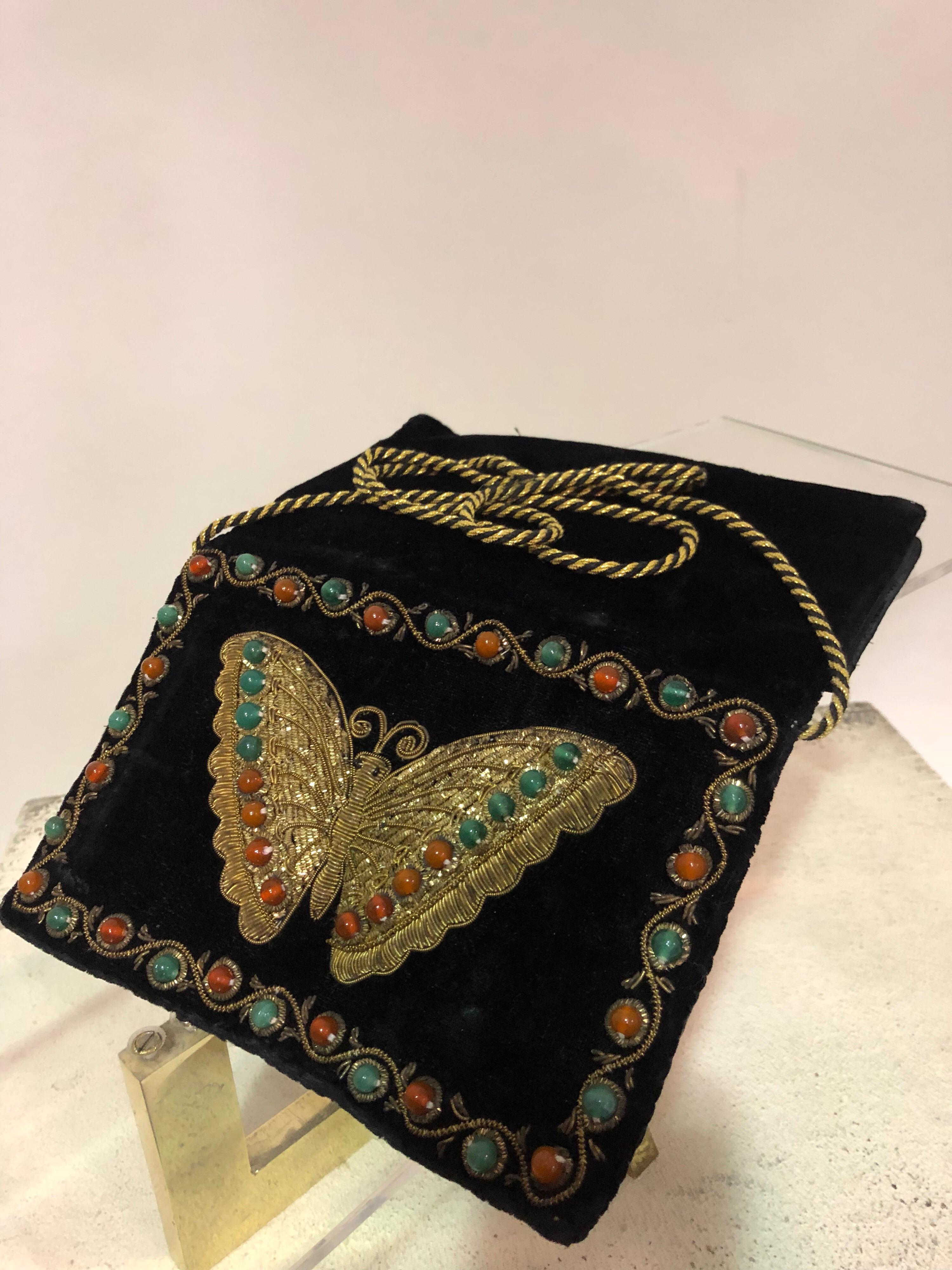 1970s Black Velvet Handbag With Embroidered Butterfly & Semi-Precious Stones 1