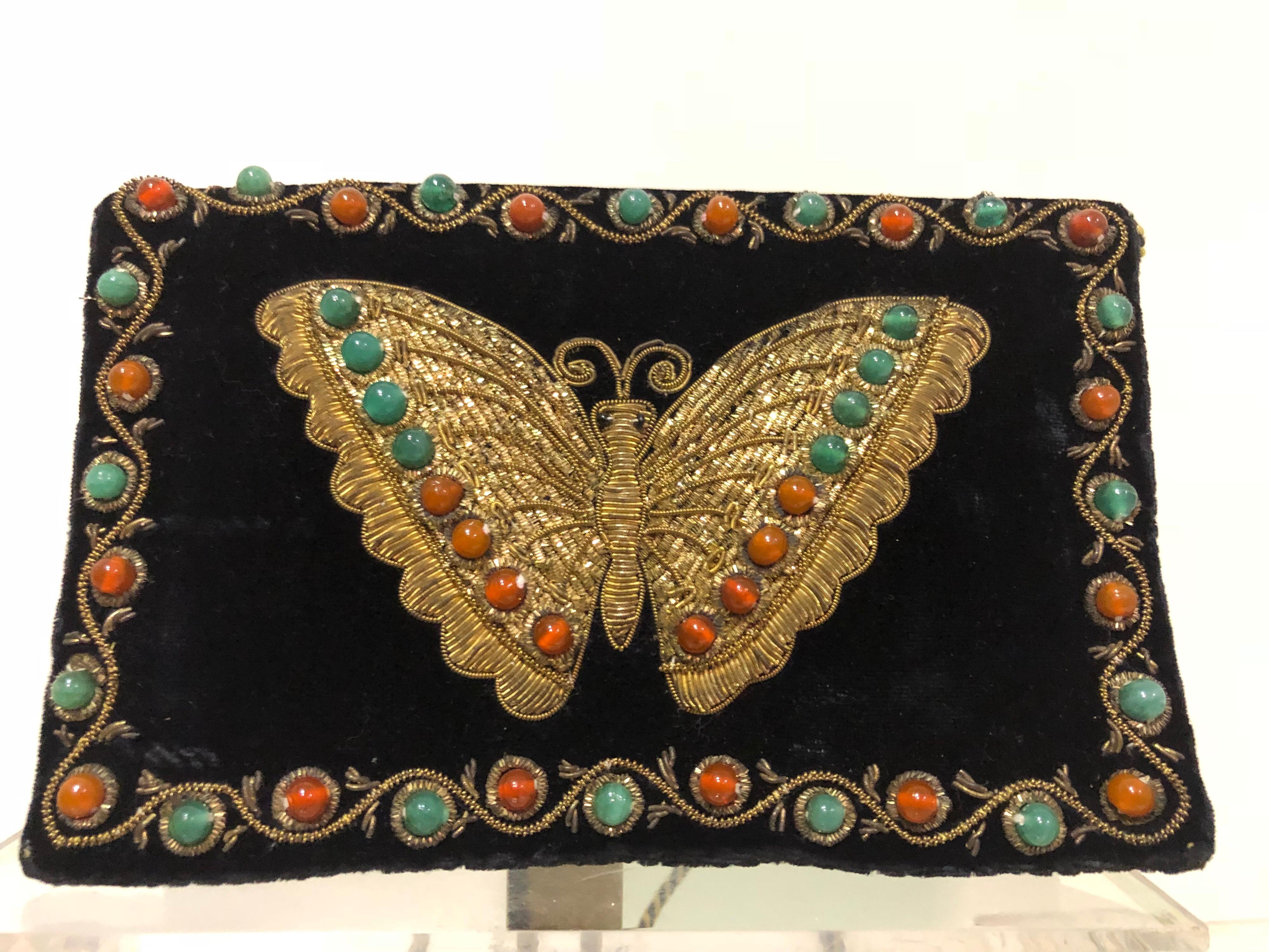 1970s Black Velvet Handbag With Embroidered Butterfly & Semi-Precious Stones 3