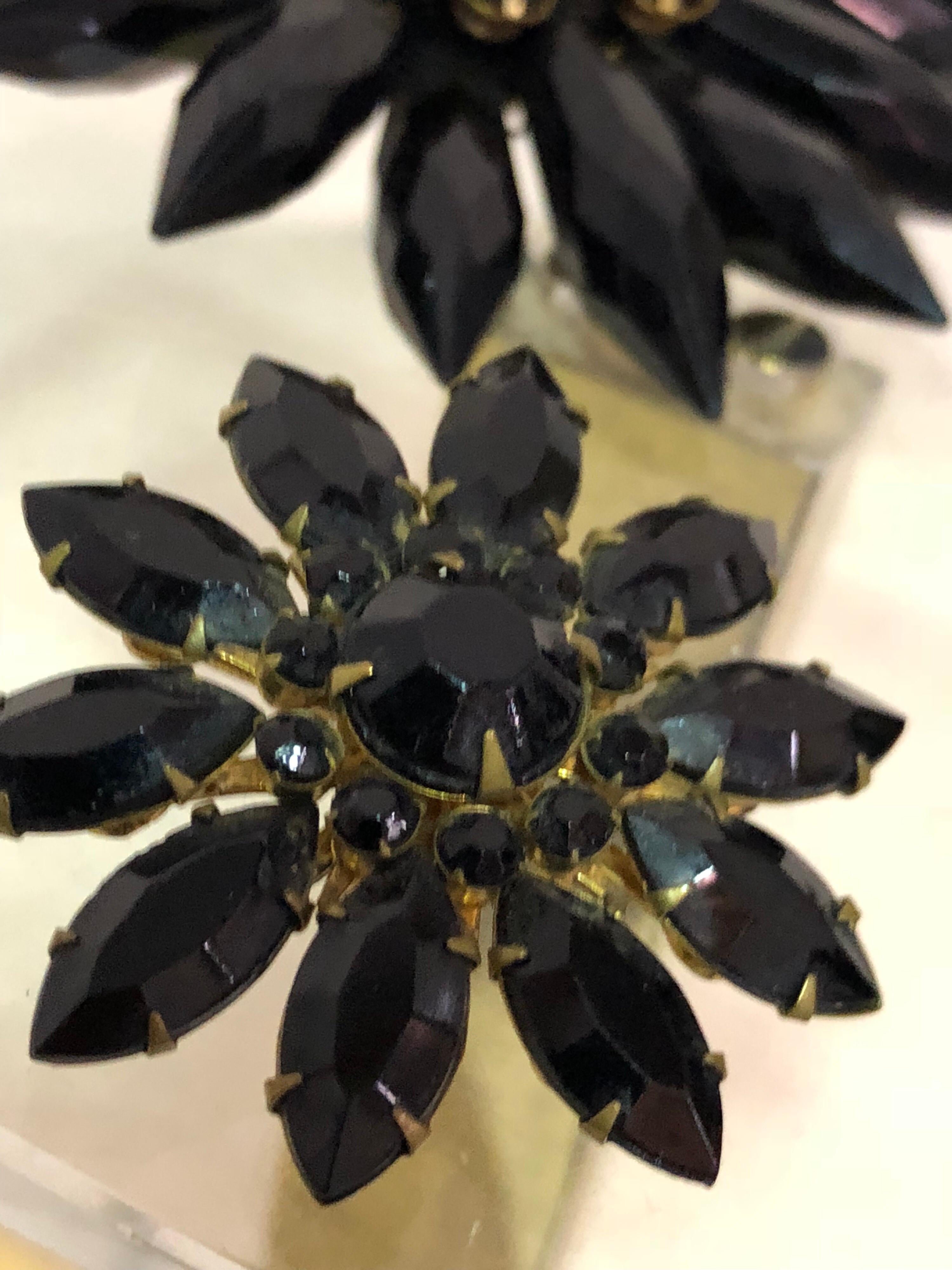 Gothic Revival 1950s Coordinating Black Lucite Flower Brooch & Black Jet Glass Clip Earrings