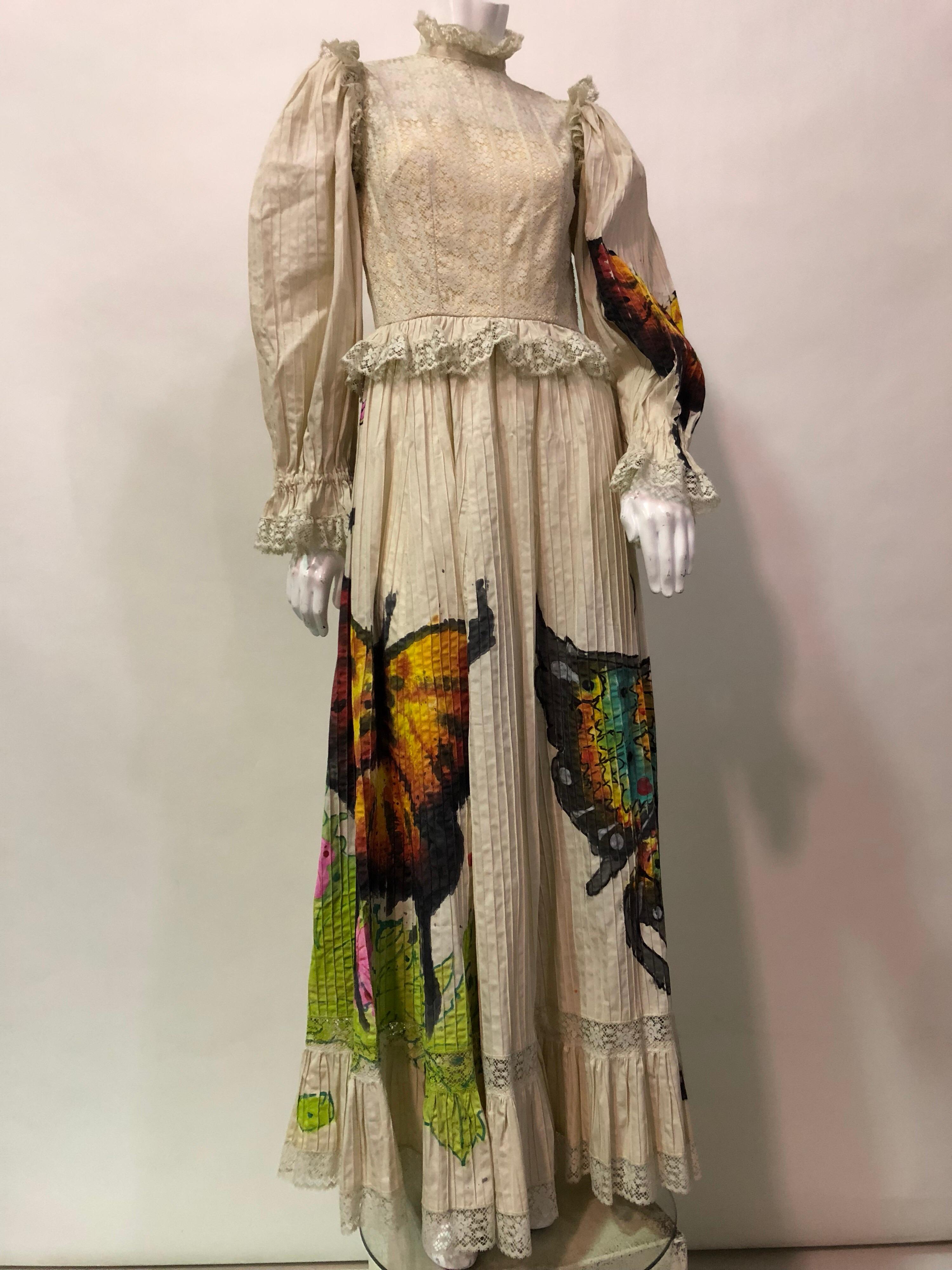 Brown 1970s Mexican Cotton Summer Maxi Dress With Hand Painted Butterflies & Flowers