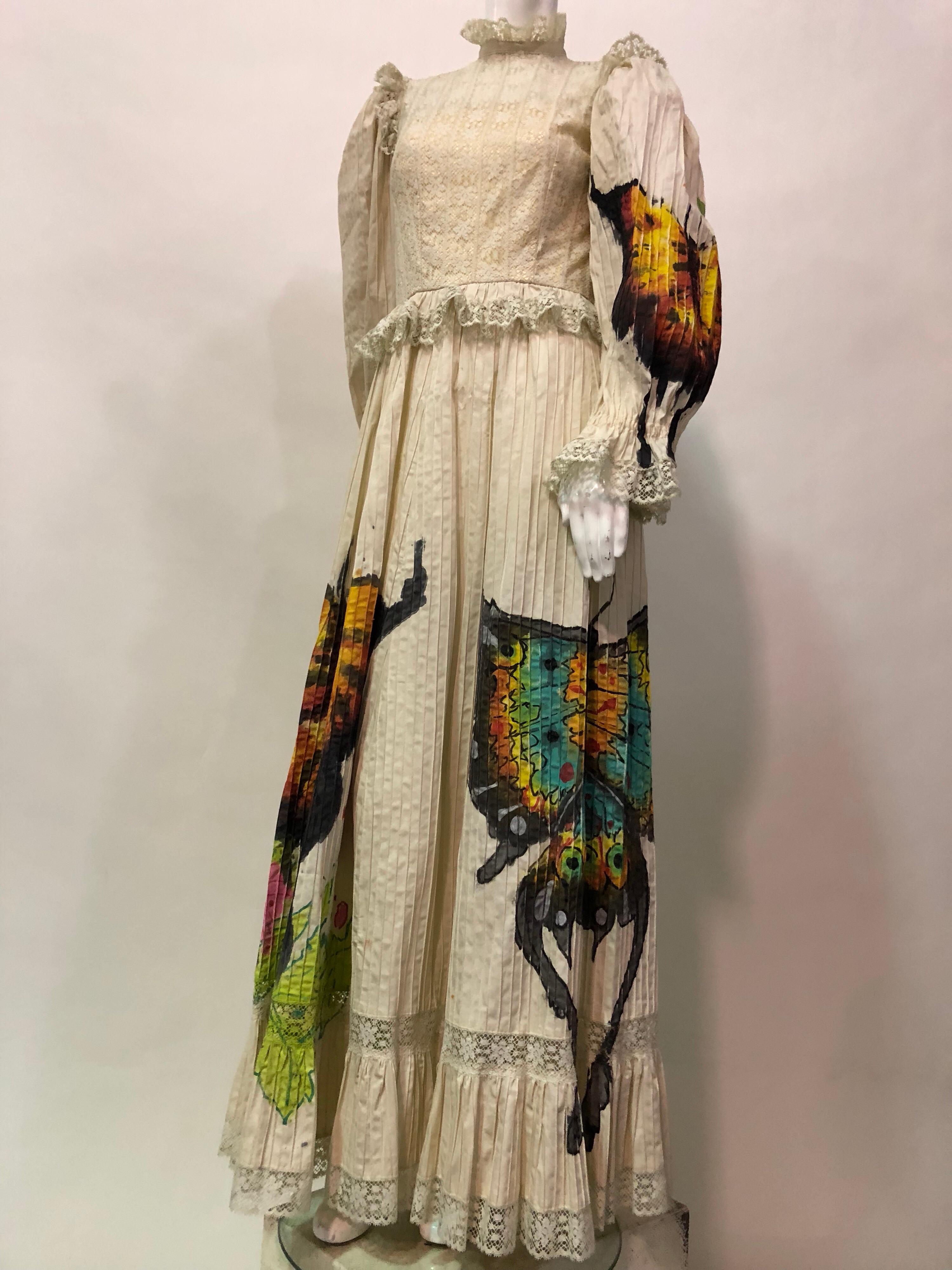 1970s Mexican Cotton Summer Maxi Dress With Hand Painted Butterflies & Flowers 1