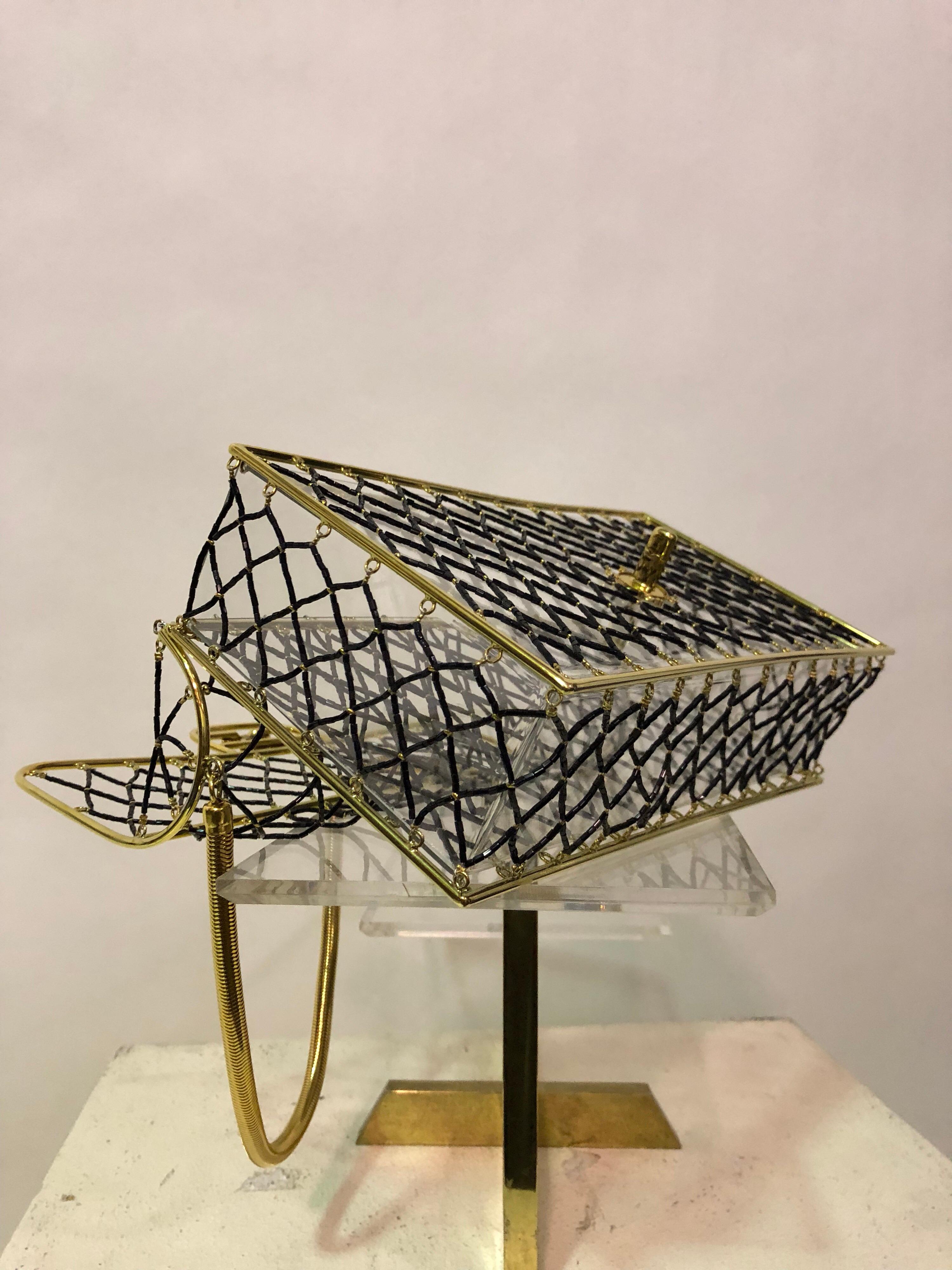 Women's Chanel Jet Beaded Gold Frame Cage With Chain Handle and CC Logo Clasp Box Bag