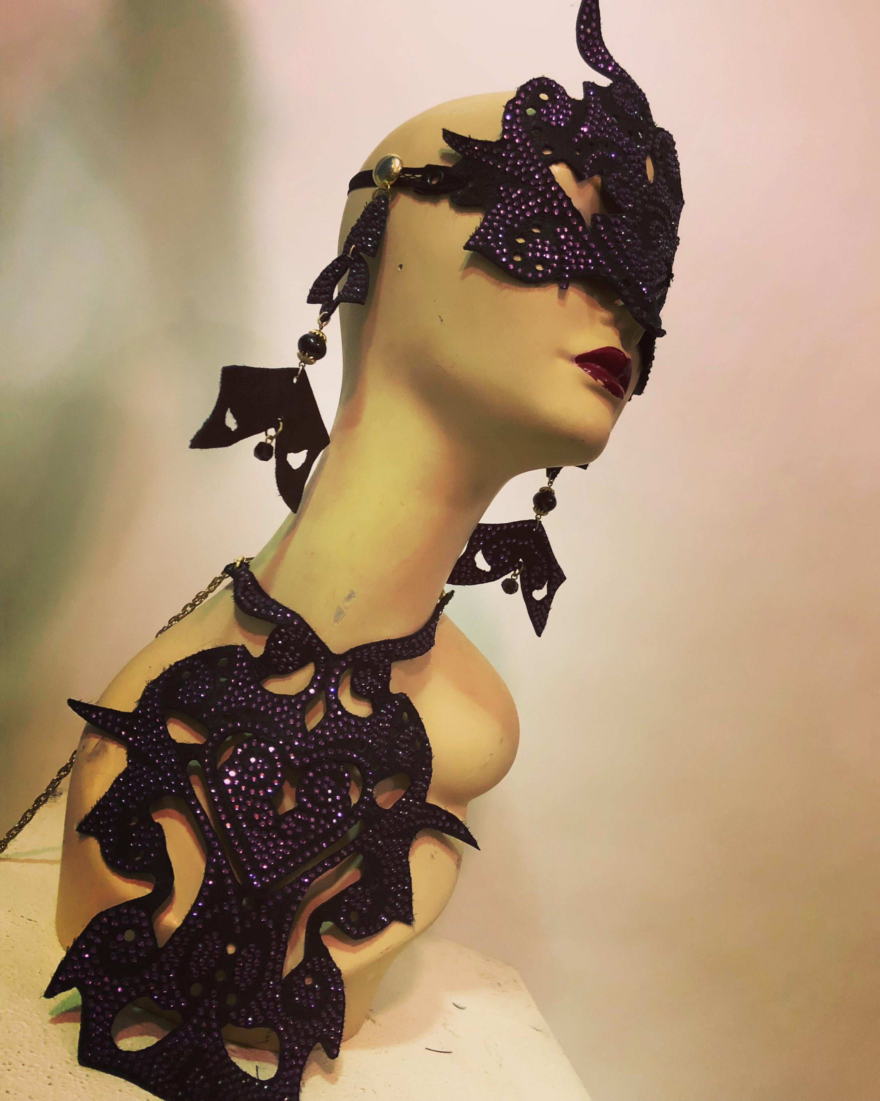 Artist  Leather Mask & Earrings With Bib Necklace With Purple Crystals - Custom Made 