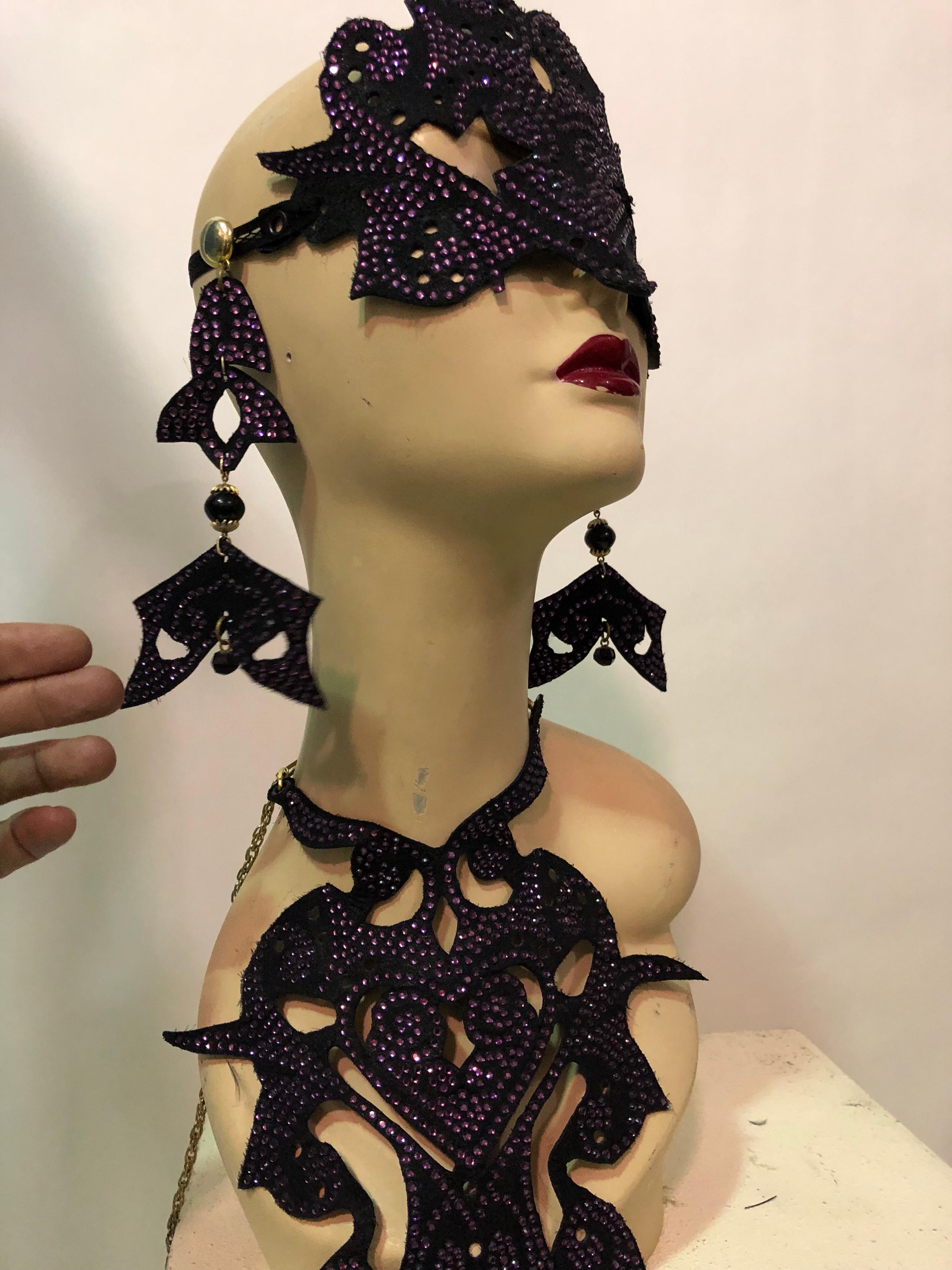  Leather Mask & Earrings With Bib Necklace With Purple Crystals - Custom Made  In Excellent Condition In Gresham, OR