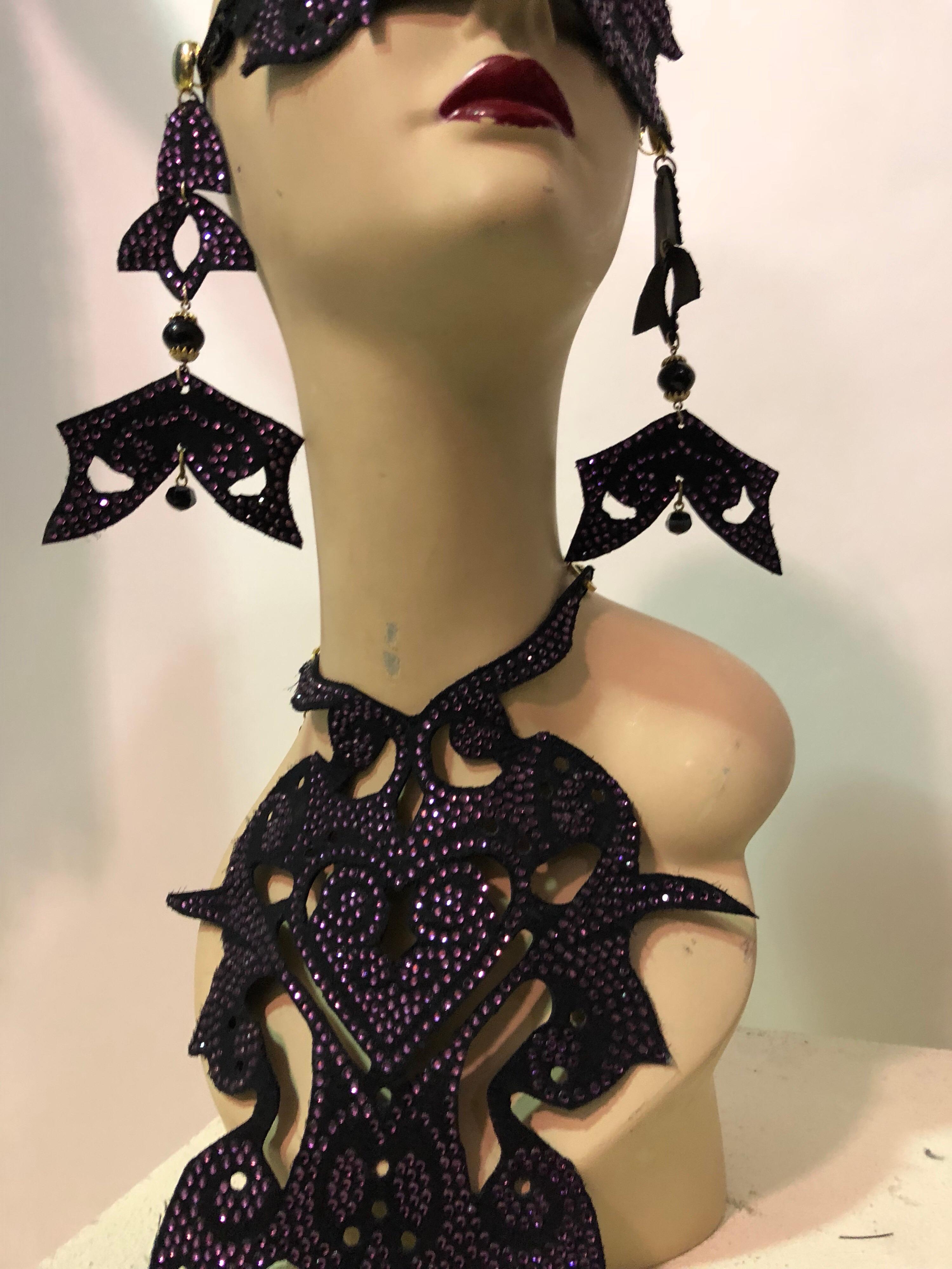 Women's or Men's  Leather Mask & Earrings With Bib Necklace With Purple Crystals - Custom Made 