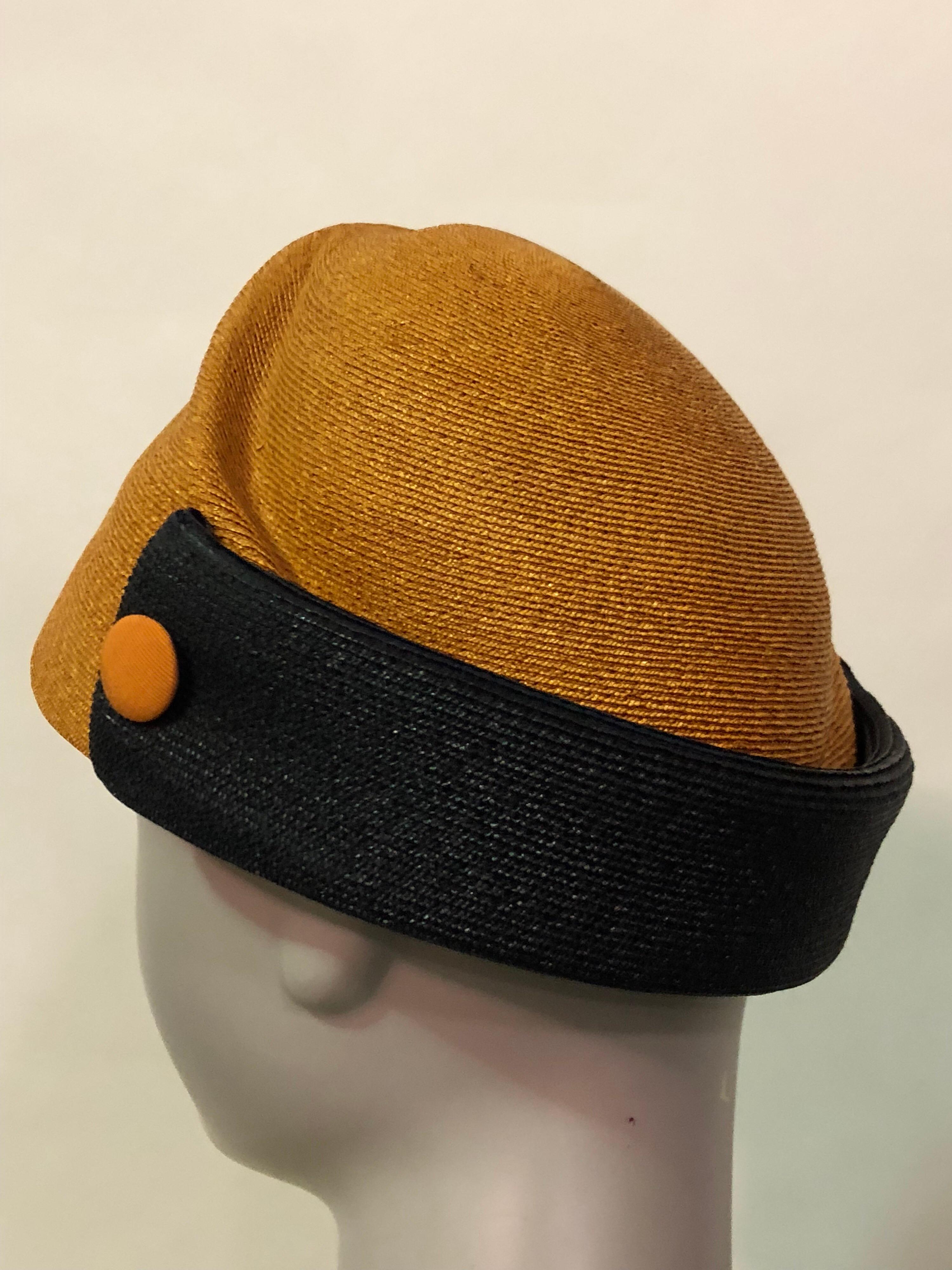 Schiaparelli Orange and Black Milanese Straw Dome Hat With Button Details, 50s  In Excellent Condition In Gresham, OR