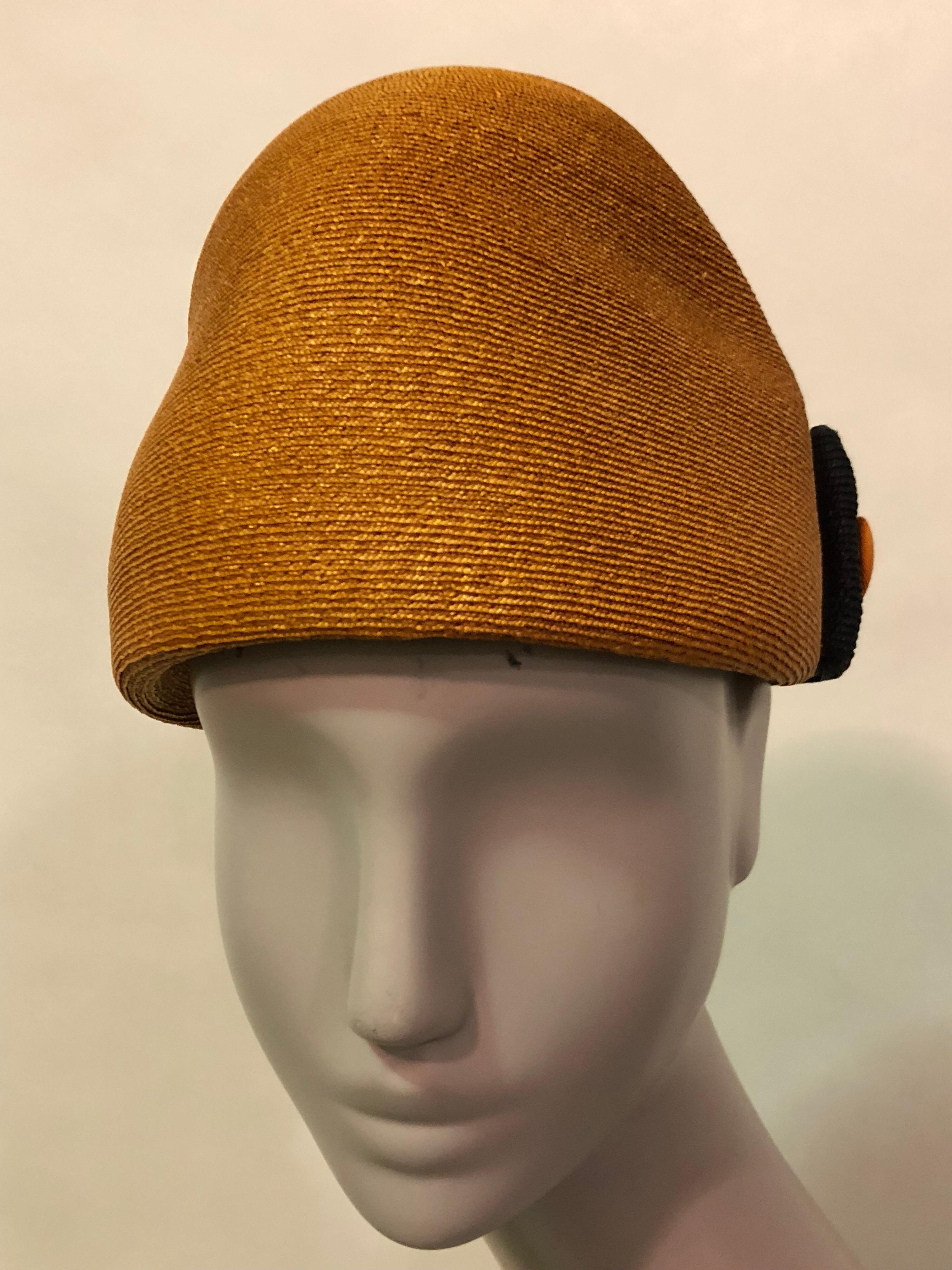 Schiaparelli Orange and Black Milanese Straw Dome Hat With Button Details, 50s  1