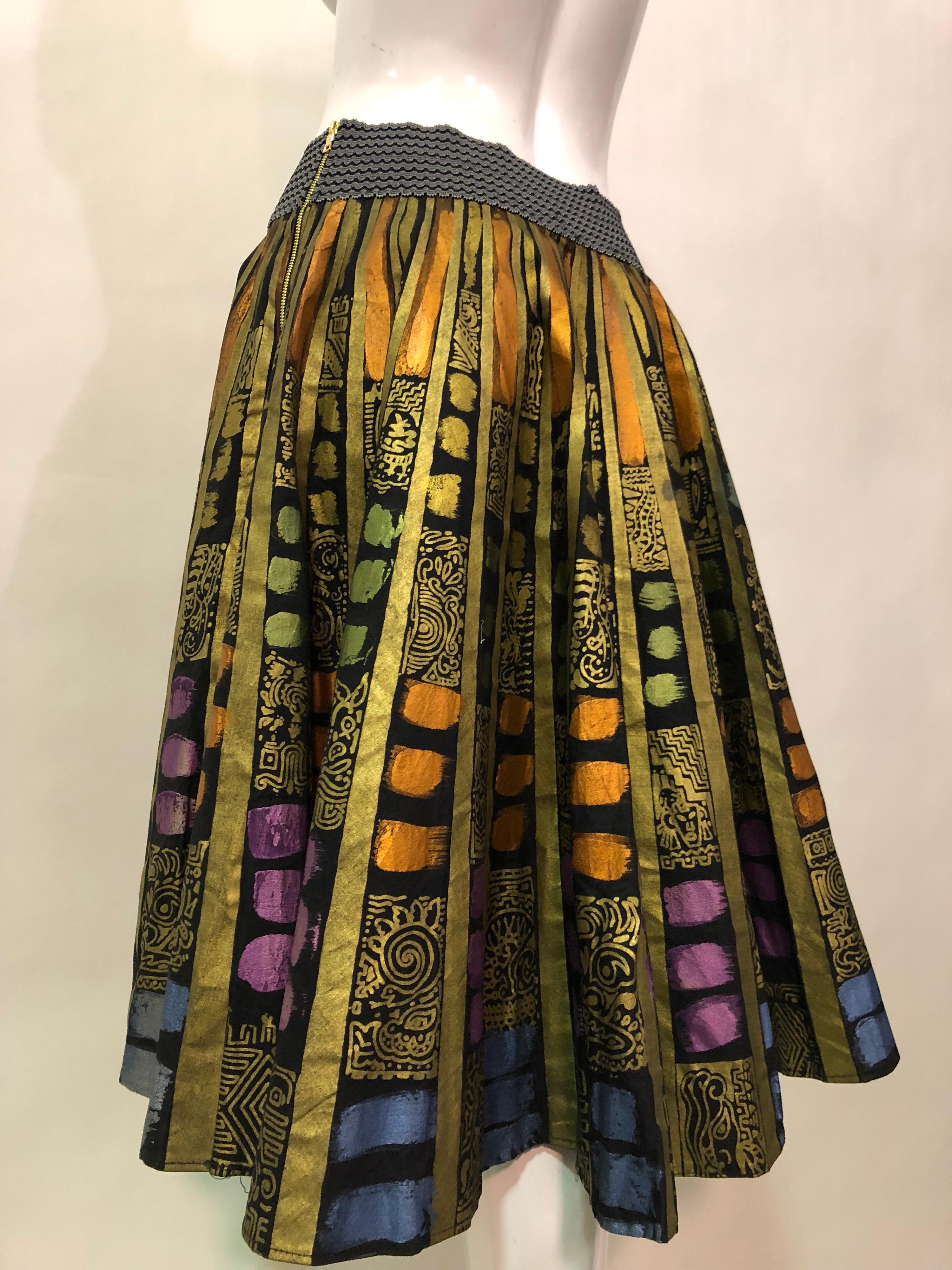 1950s Hand Painted Cotton Mexican Circle Skirt In Vibrant Metallics W/ Side Zip 1